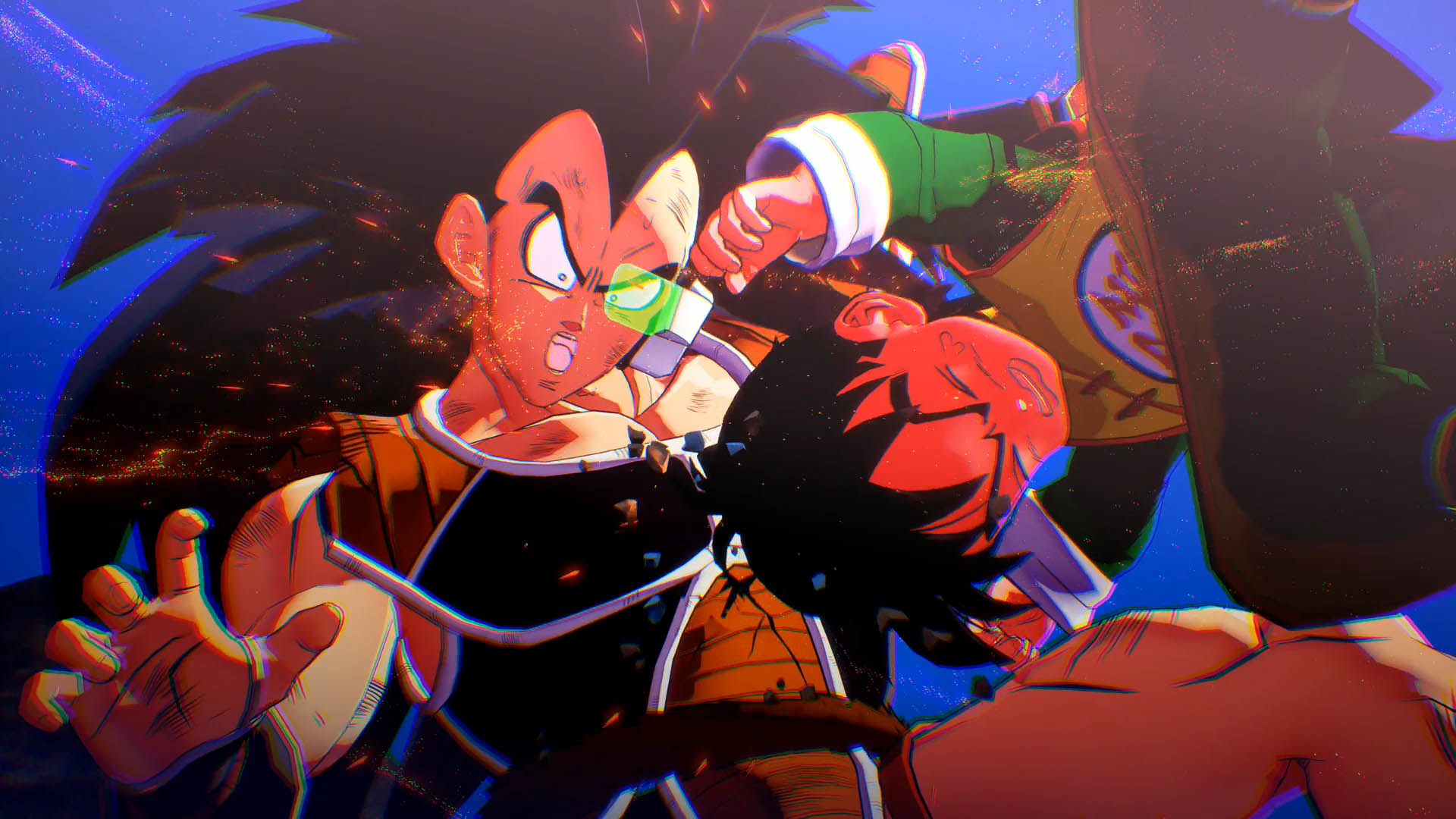 Scena di combattimento anime. Raditz viene colpito. Altri personaggi sono in azione. Sono presenti esplosioni ed effetti energetici.