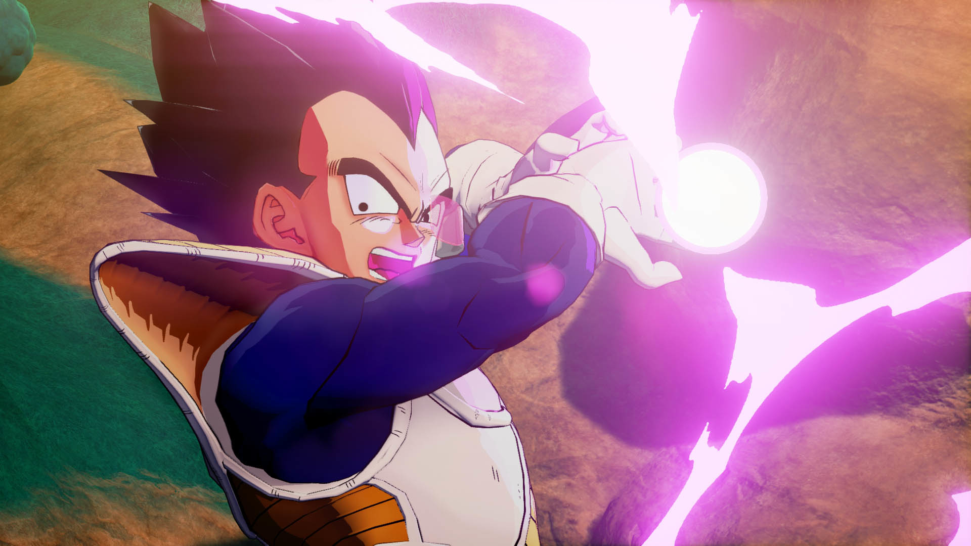 Vegeta, di Dragon Ball, carica un'esplosione di energia. L'energia viola lo circonda. Lo sfondo mostra un ambiente roccioso.