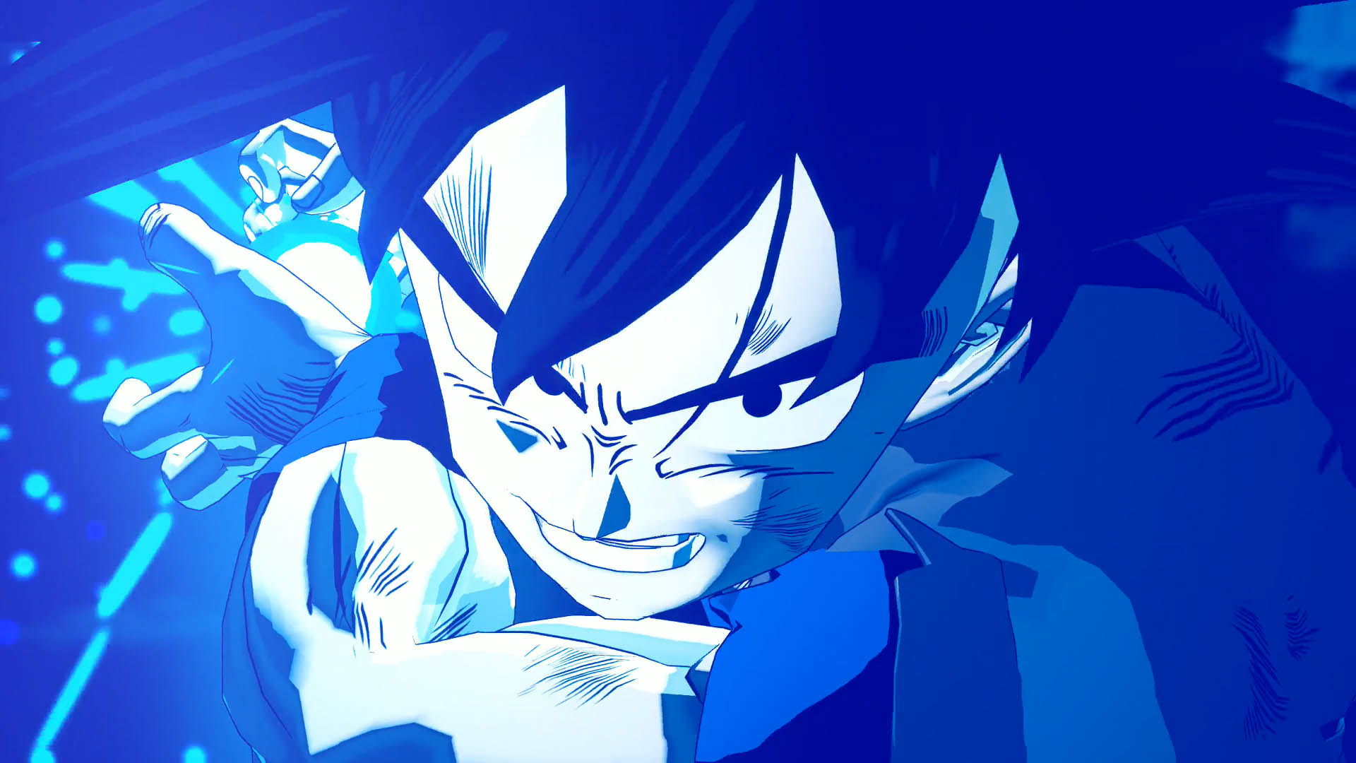 Illustrazione in tonalità blu di Goku di Dragon Ball. Ha i capelli neri a punta e stringe i pugni, con un'espressione intensa.