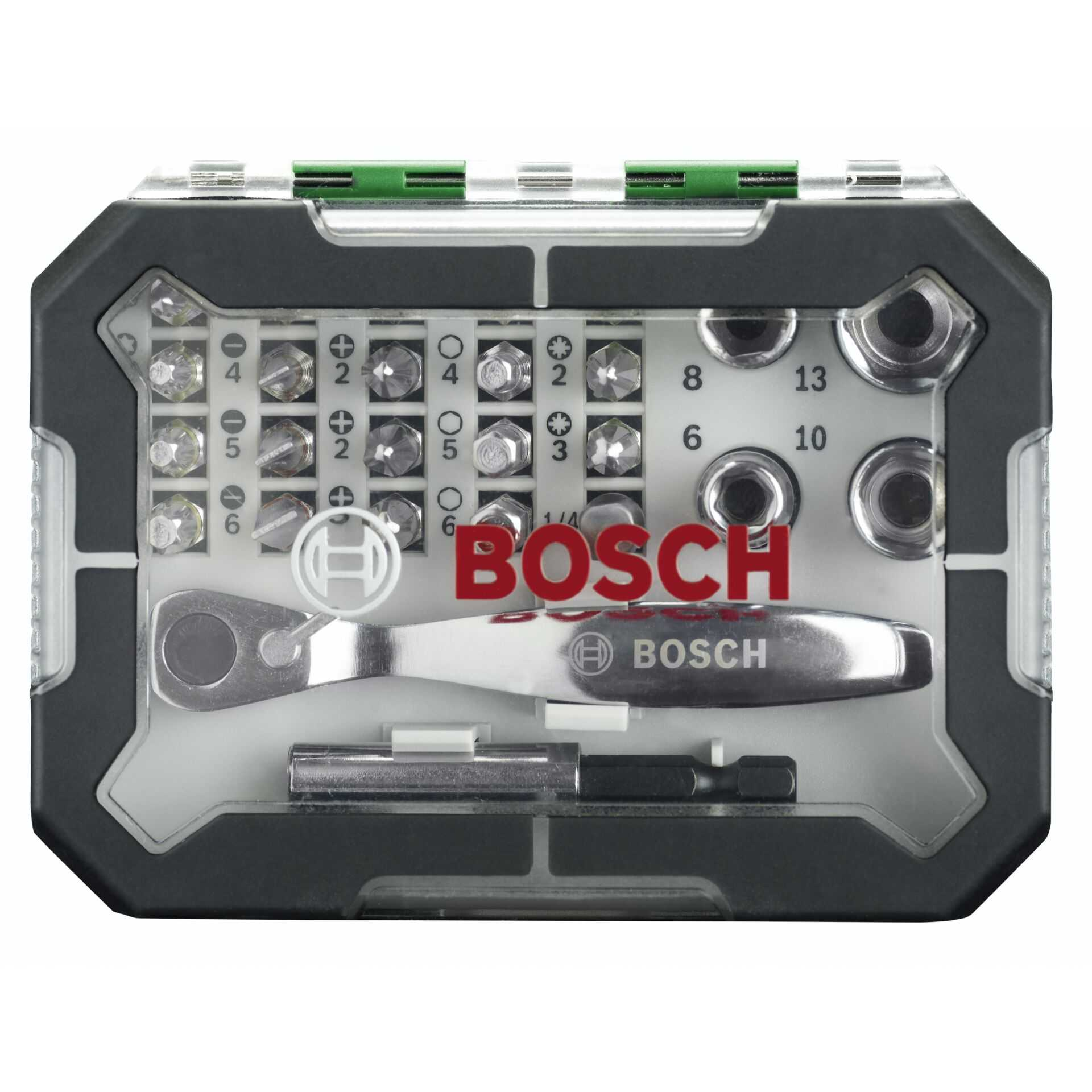 Un kit di attrezzi Bosch con punte e cricchetto. La custodia è nera e trasparente con un coperchio verde.
