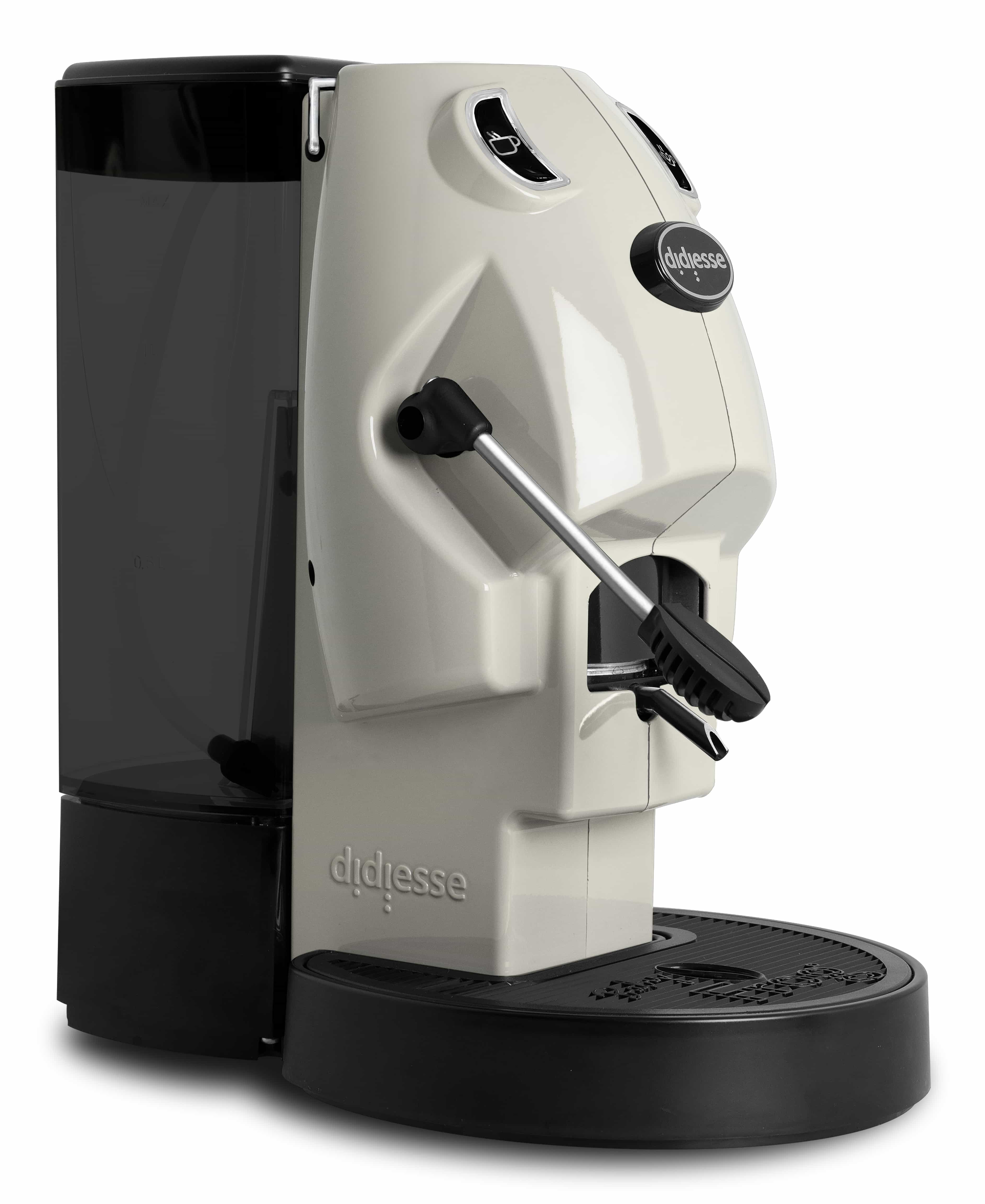 Una macchina da caffè Didiesse bianco sporco con dettagli neri. Ha un serbatoio dell'acqua a sinistra e una maniglia.