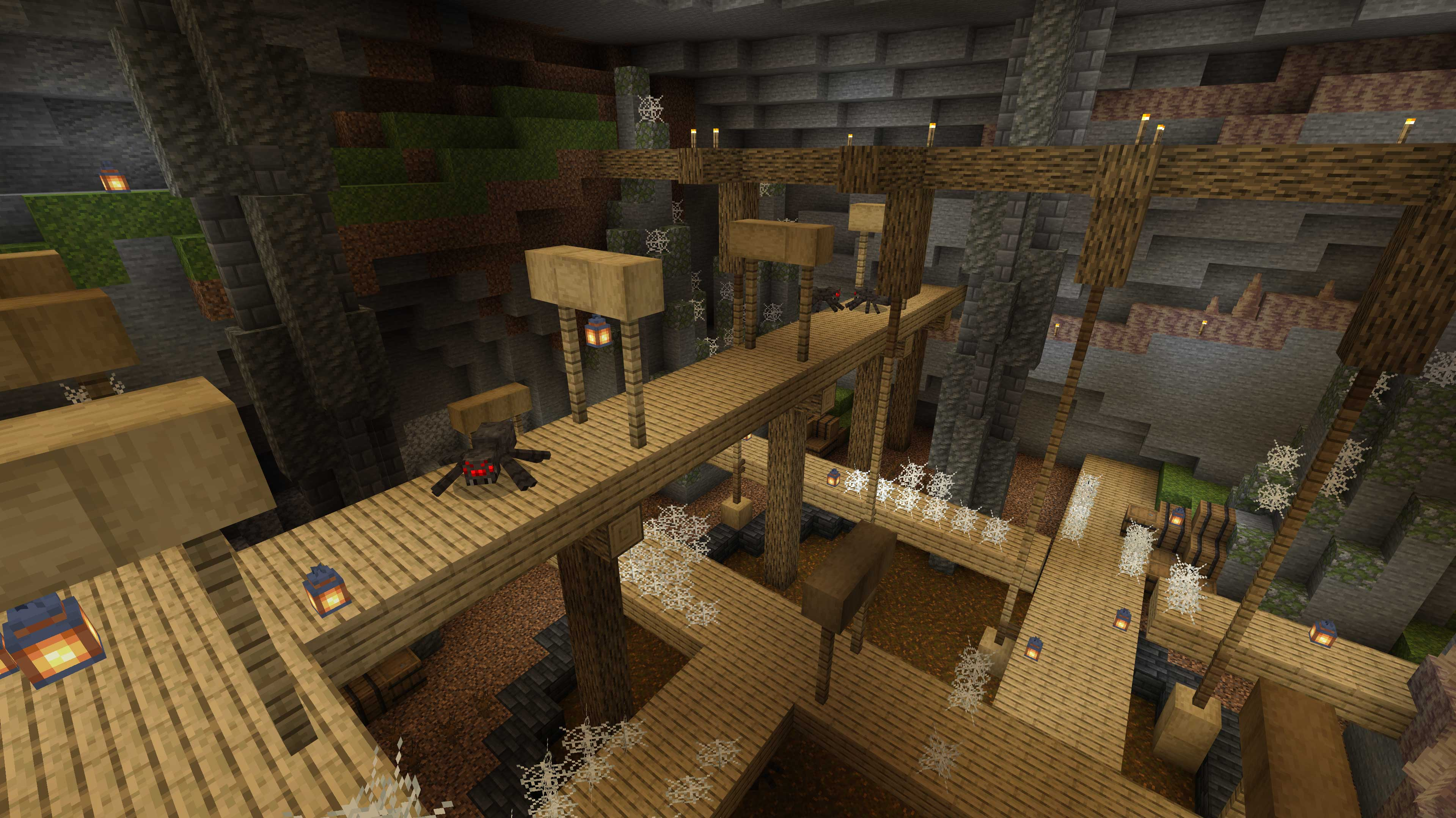 Eine Minecraft-Szene mit Holzstrukturen und Spinnen in einer Höhle. Laternen und Spinnweben sind sichtbar.