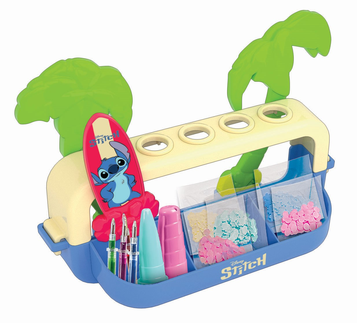 Un juego de manualidades con tema de Stitch. Incluye un contenedor azul y amarillo con bolígrafos, vasos y bolsas de cuentas coloridas. Hay un recorte de Stitch.