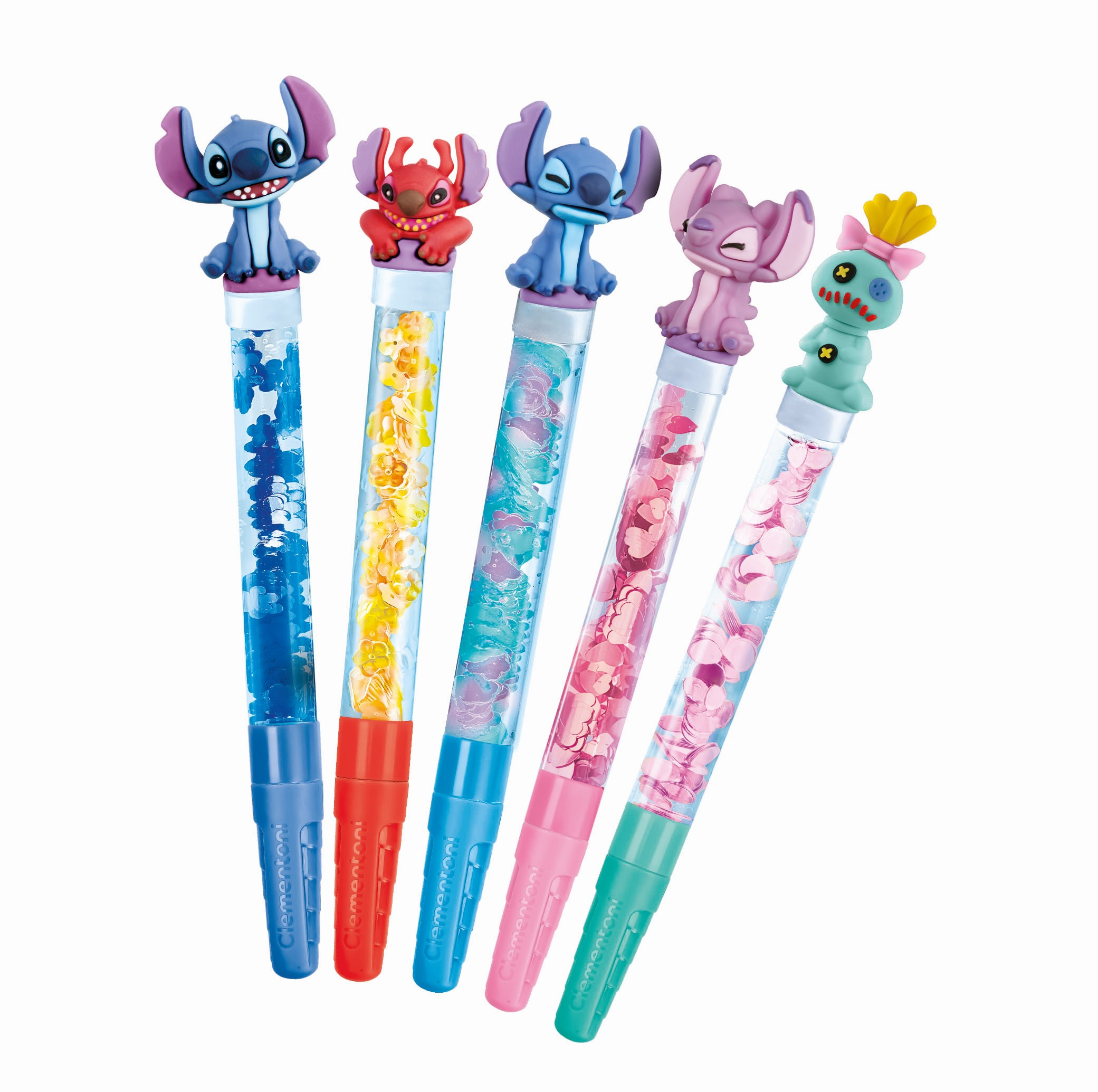 Cinco bolígrafos del personaje Stitch. Cada uno tiene una base de color diferente y formas flotantes dentro del tubo transparente, coronado por una figura de Stitch.