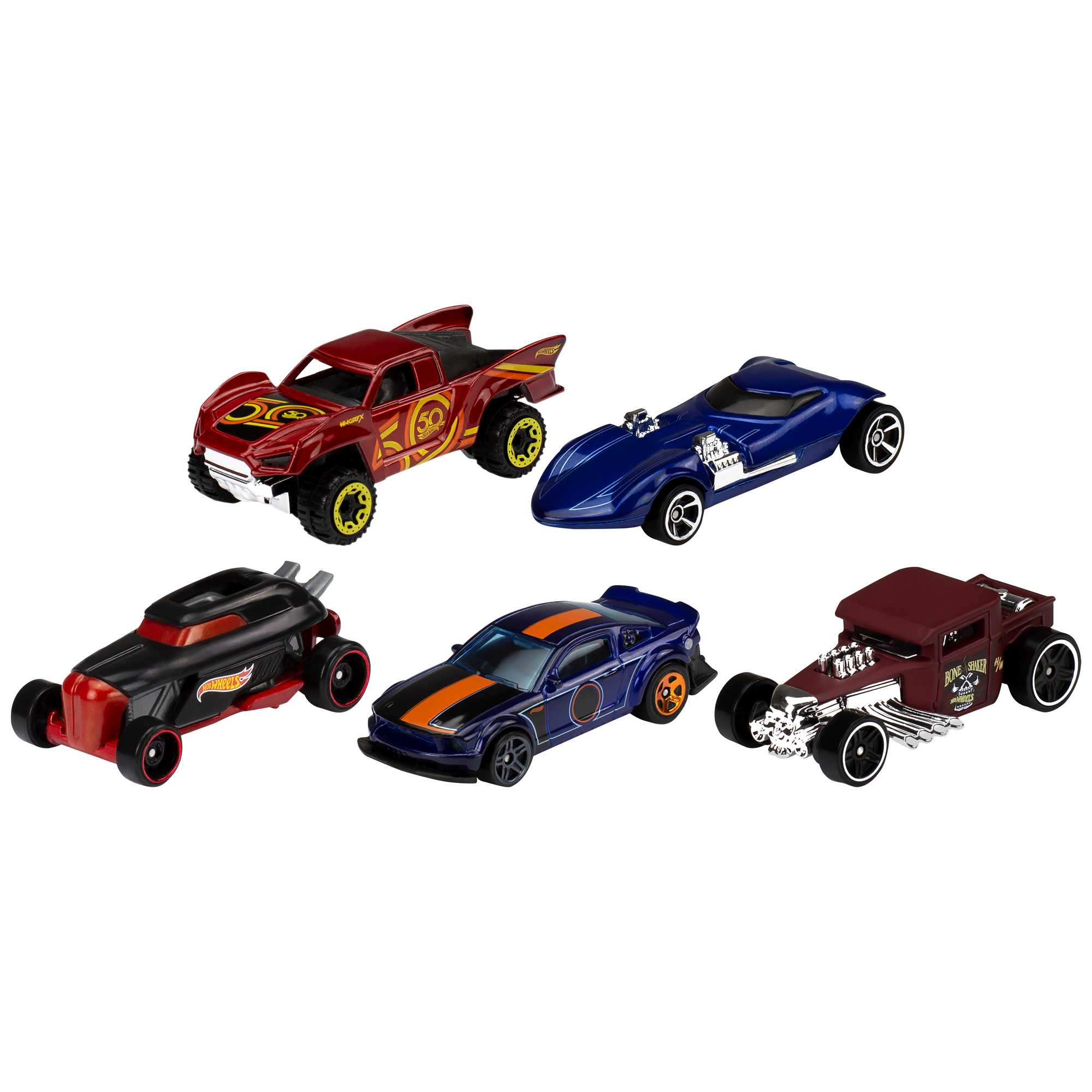 Cinco coches de juguete sobre fondo blanco. Varían en estilo y color, incluyendo rojo, azul y negro. Algunos tienen logos.