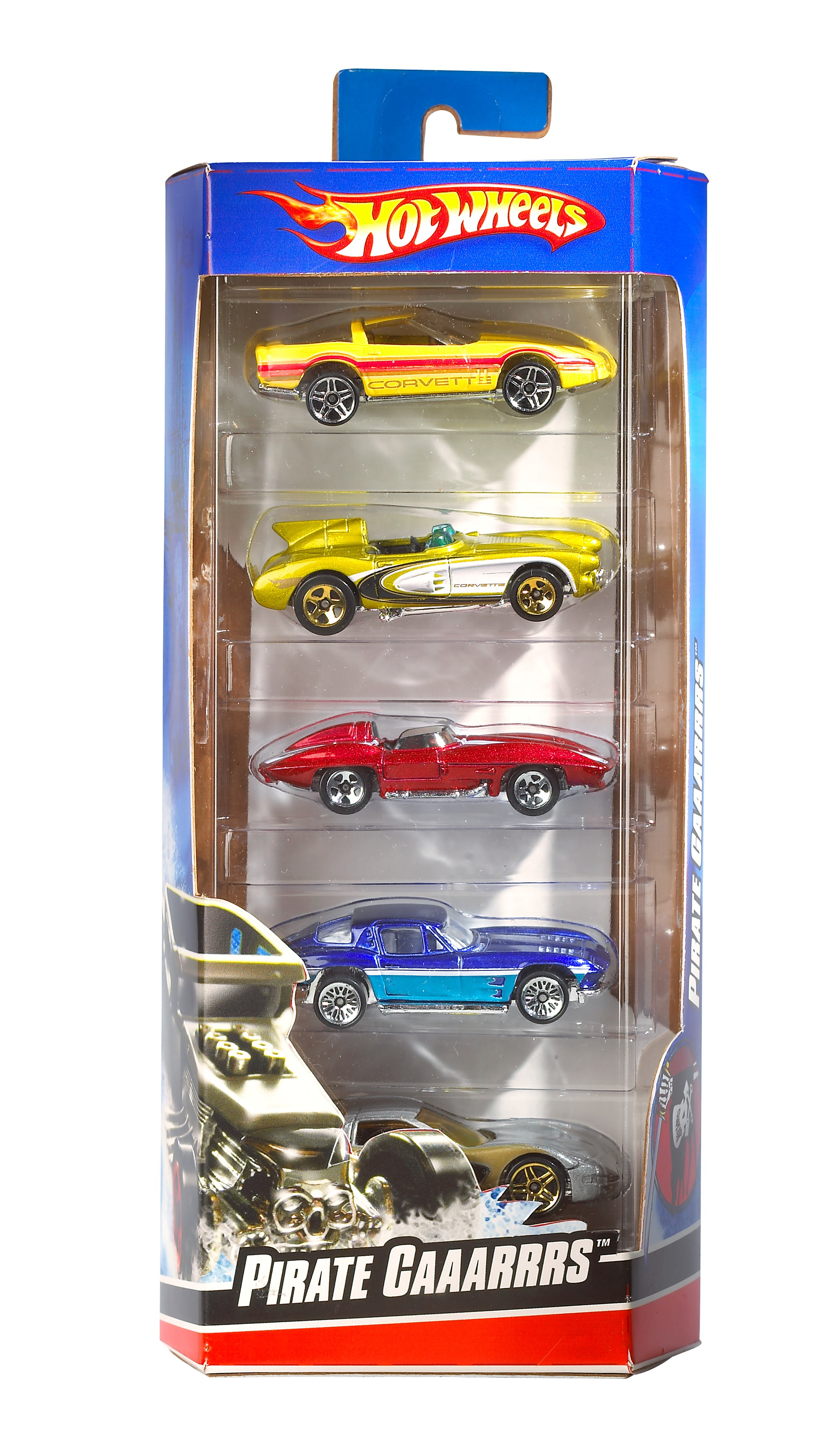 Un juego de coches Hot Wheels en un paquete azul y rojo. Cinco coches de juguete de varios colores y diseños son visibles.