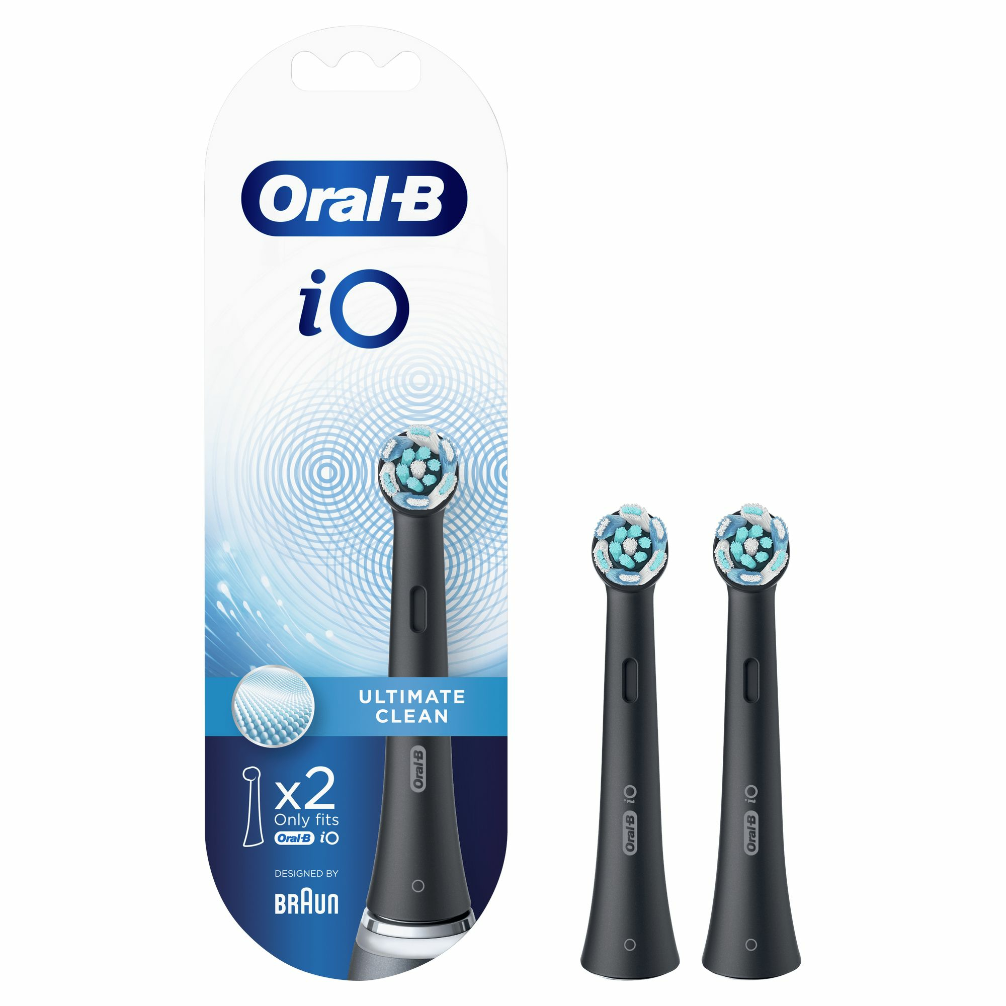 Verpackung mit zwei schwarzen Oral-B io Zahnbürstenköpfen. Die Verpackung hat das Oral-B-Logo und den Text 'Ultimate Clean'.