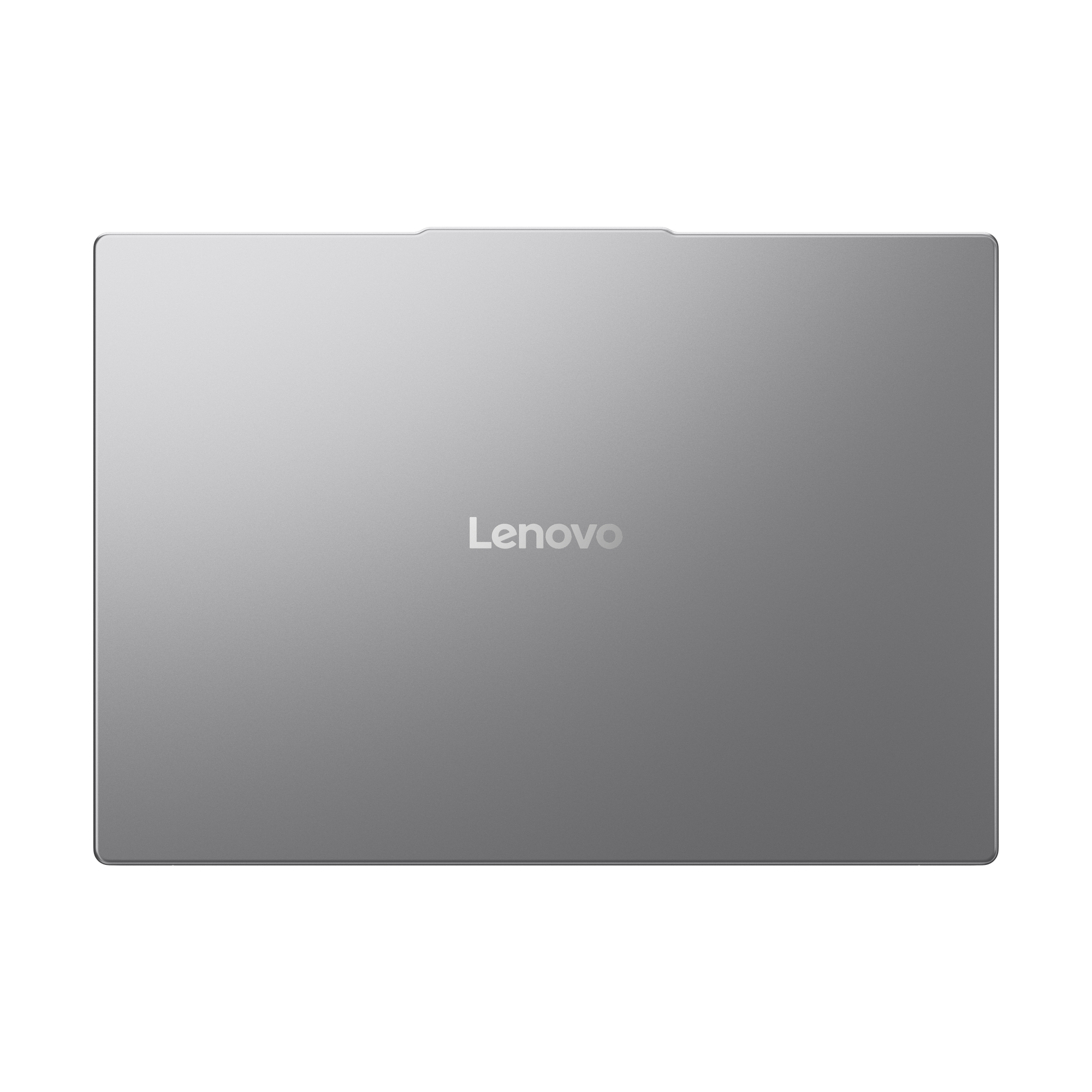 Un laptop Lenovo argentato chiuso. Il logo Lenovo è centrato. Lo sfondo è bianco.