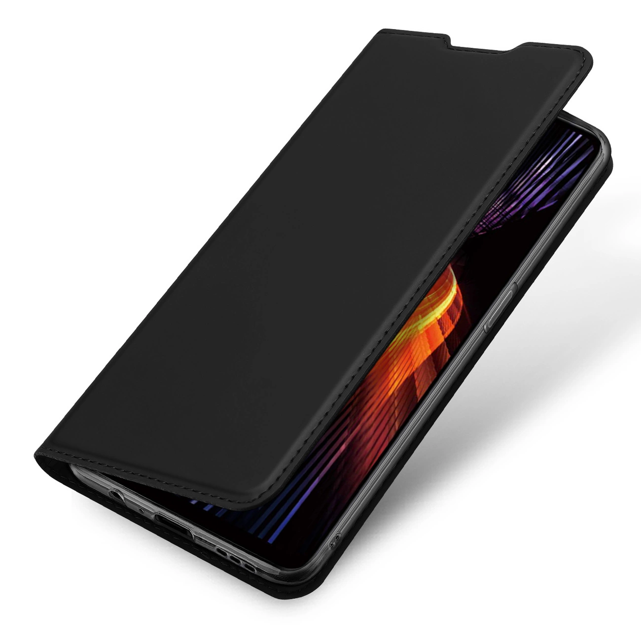Eine schwarze Handyhülle ist teilweise geöffnet und zeigt einen Telefonbildschirm mit farbenfroher abstrakter Kunst. Die Hülle liegt auf weißem Untergrund.