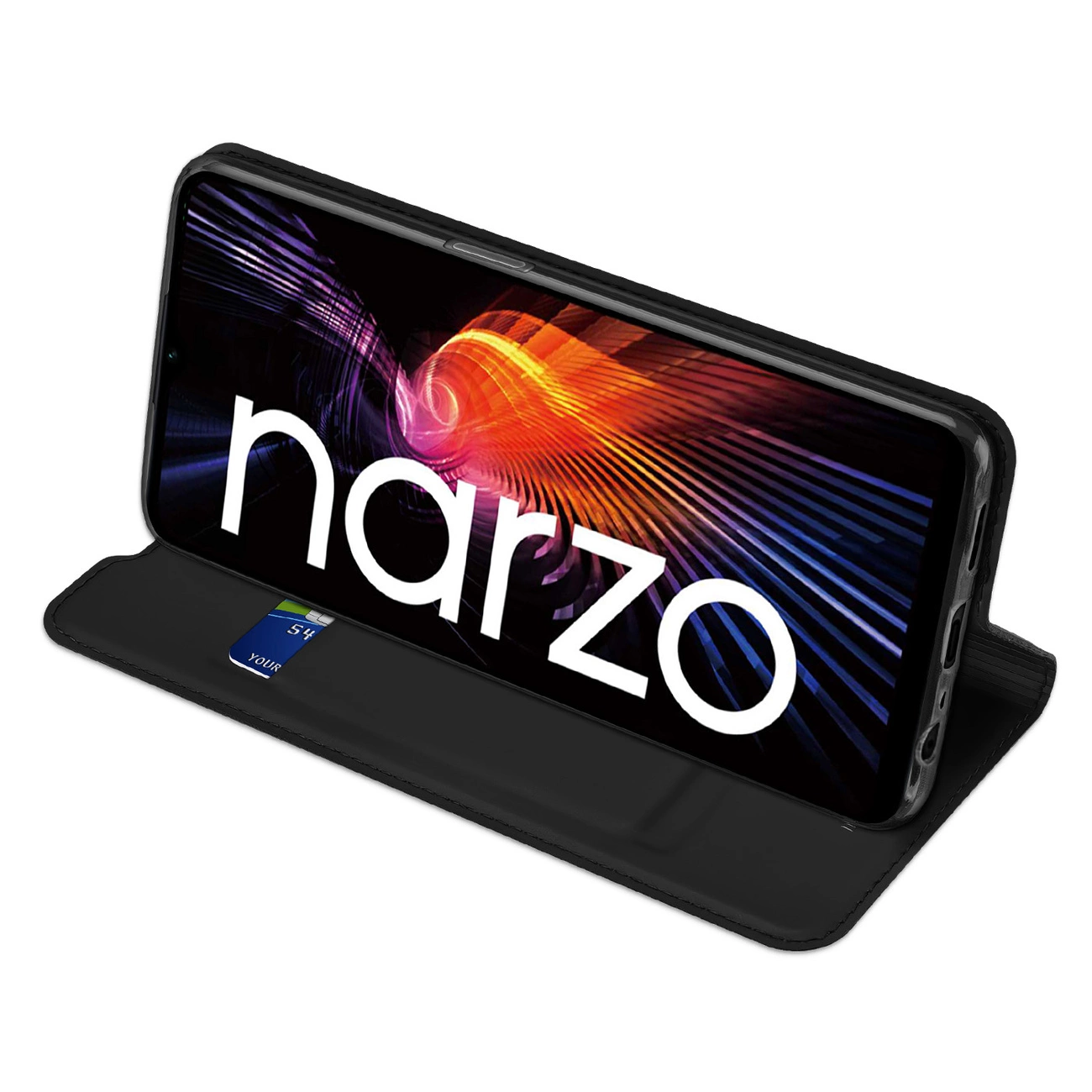 Eine Smartphone-Hülle mit dem Wort 'narzo' auf dem Bildschirm. Der Bildschirm zeigt einen bunten Hintergrund. Eine Karte ist sichtbar.