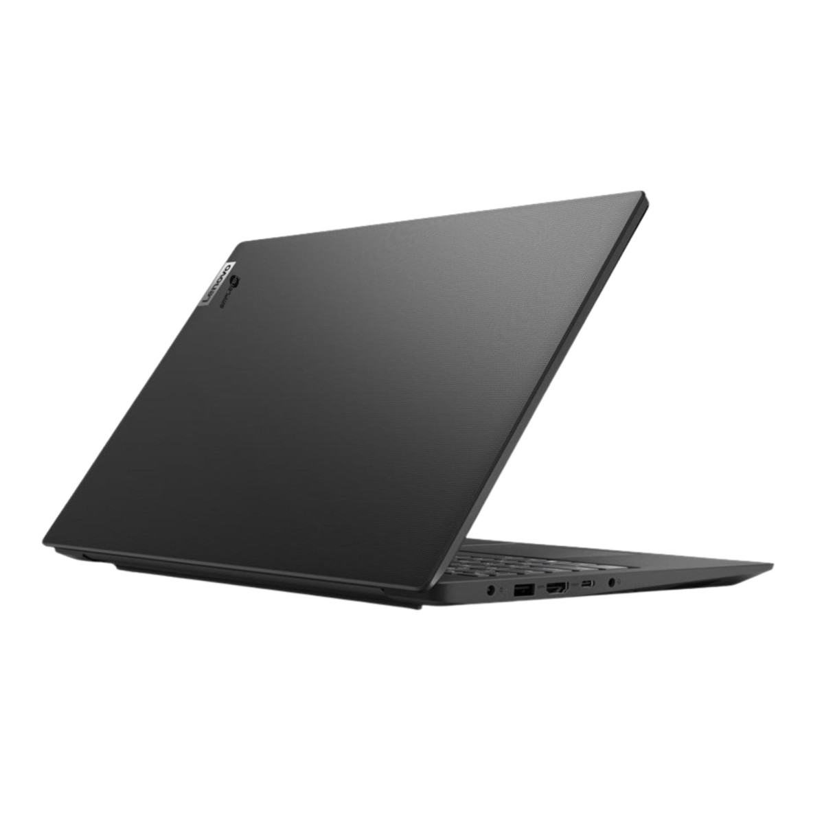 Un laptop Lenovo nero è aperto ad angolo. Lo schermo è rivolto verso l'alto, rivelando il logo Lenovo. La tastiera e le porte sono visibili.
