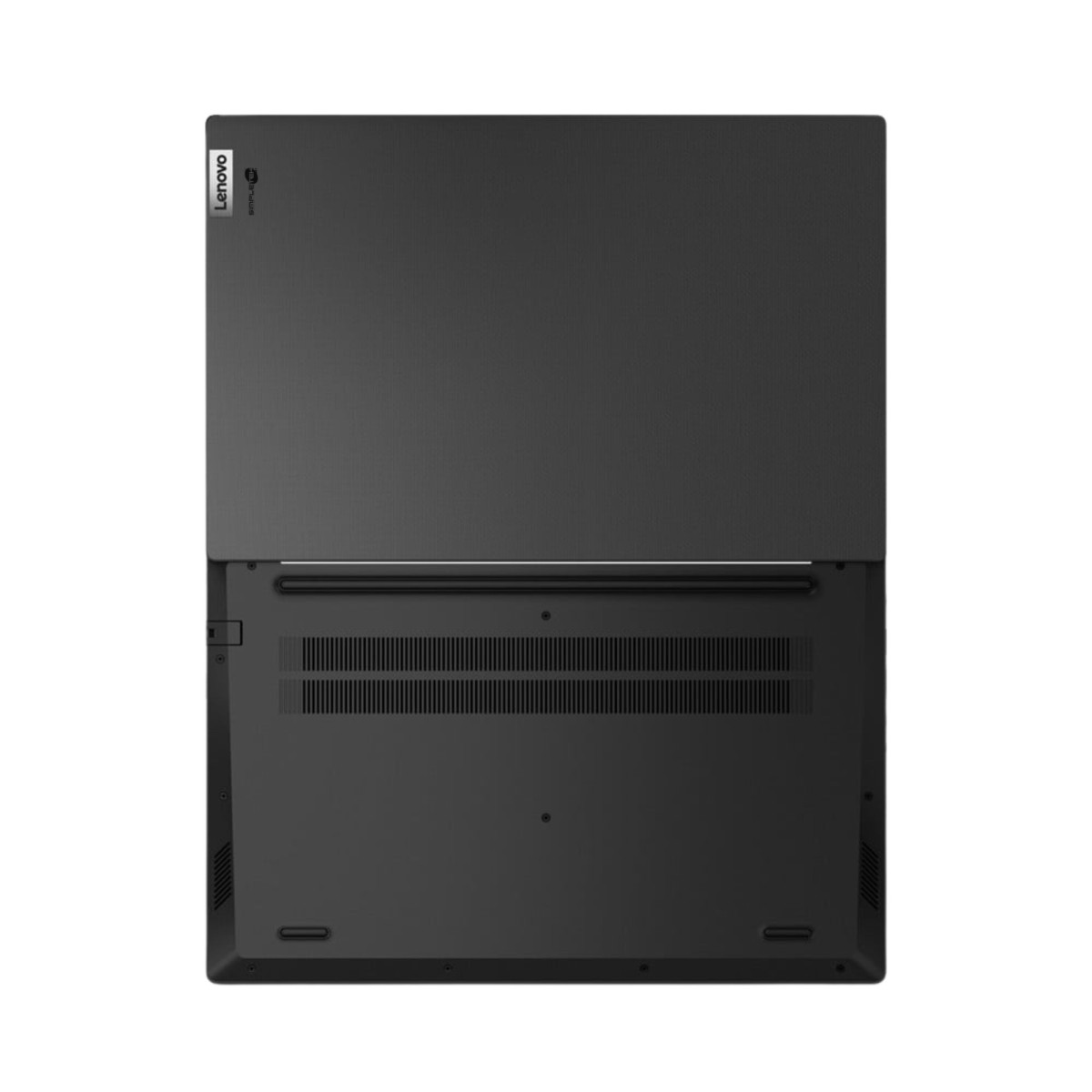 Un laptop grigio scuro è aperto, mostrando il lato inferiore. Il logo Lenovo è visibile. La parte inferiore ha prese d'aria e porte.
