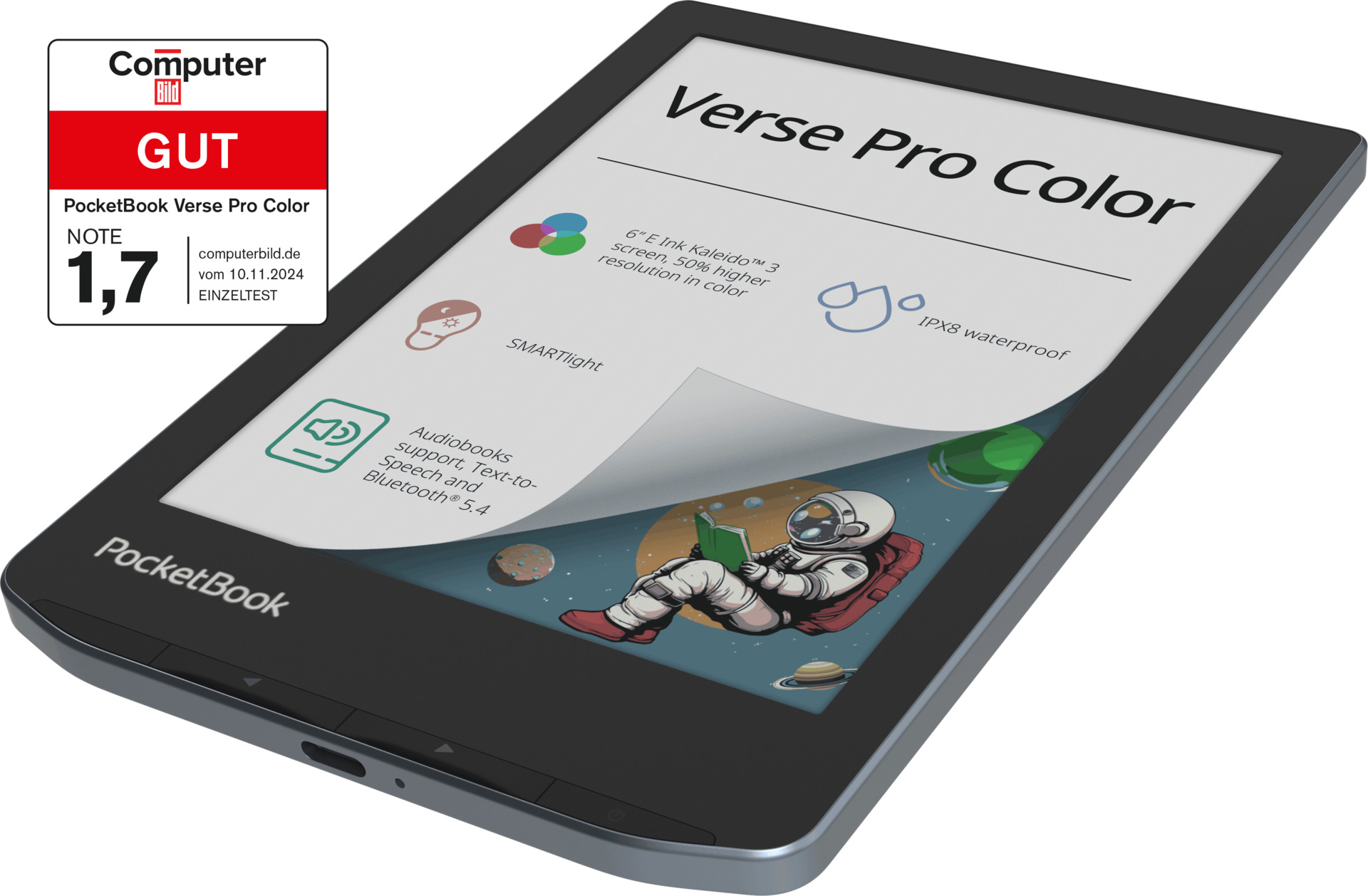 Un e-reader mostra un astronauta che legge un libro. Lo schermo mostra le caratteristiche del dispositivo e una valutazione 'GUT'.