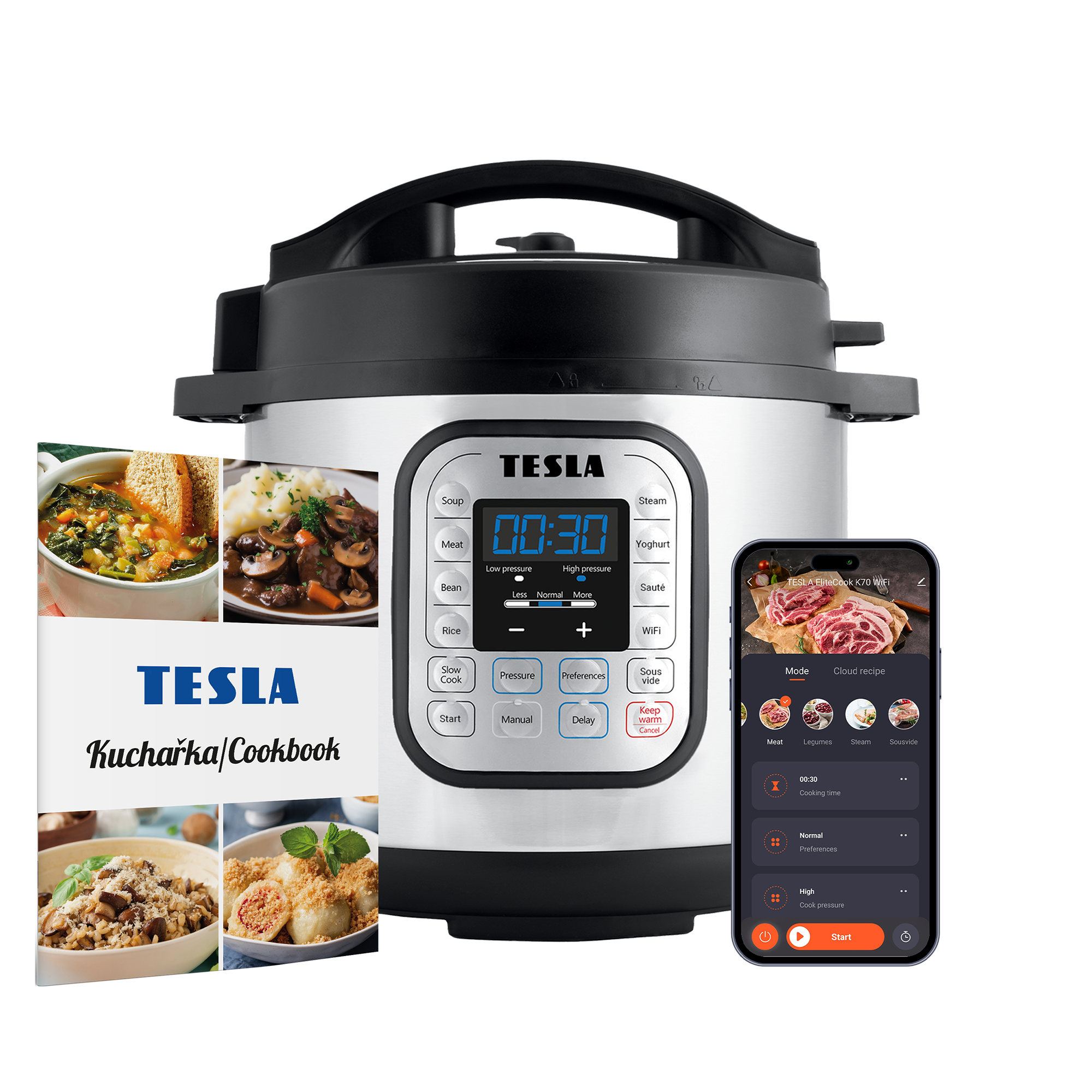 Una pentola a pressione elettrica Tesla con un ricettario, un telefono che mostra un'app di cucina e immagini di cibo.