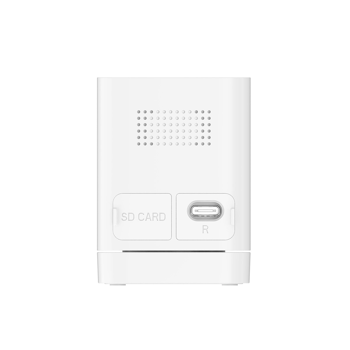 Dispositivo bianco con slot per schede SD e porta USB-C. Piccoli fori in alto. Il dispositivo è su sfondo bianco.