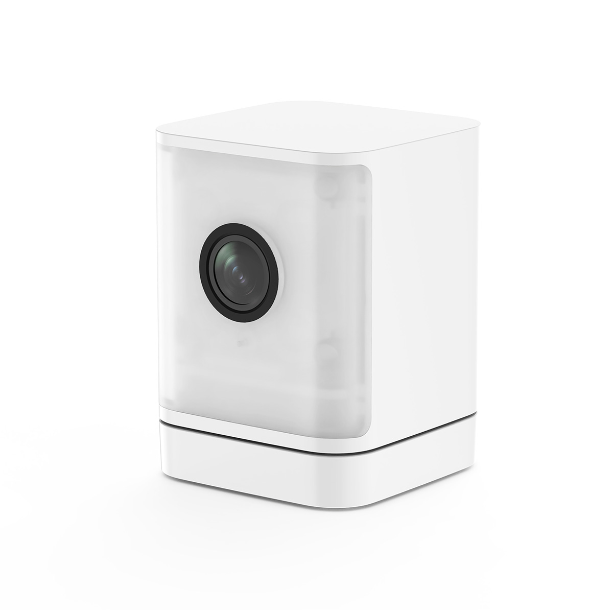 Una fotocamera bianca e quadrata con obiettivo nero. Ha bordi arrotondati e una piccola base. La fotocamera è su sfondo bianco.
