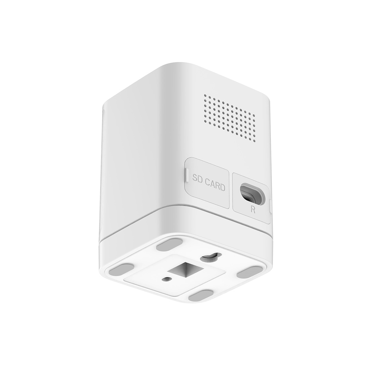 Un dispositivo bianco e rettangolare con slot per scheda SD e pulsante di ripristino. Ha una griglia per altoparlanti e piedini in gomma.