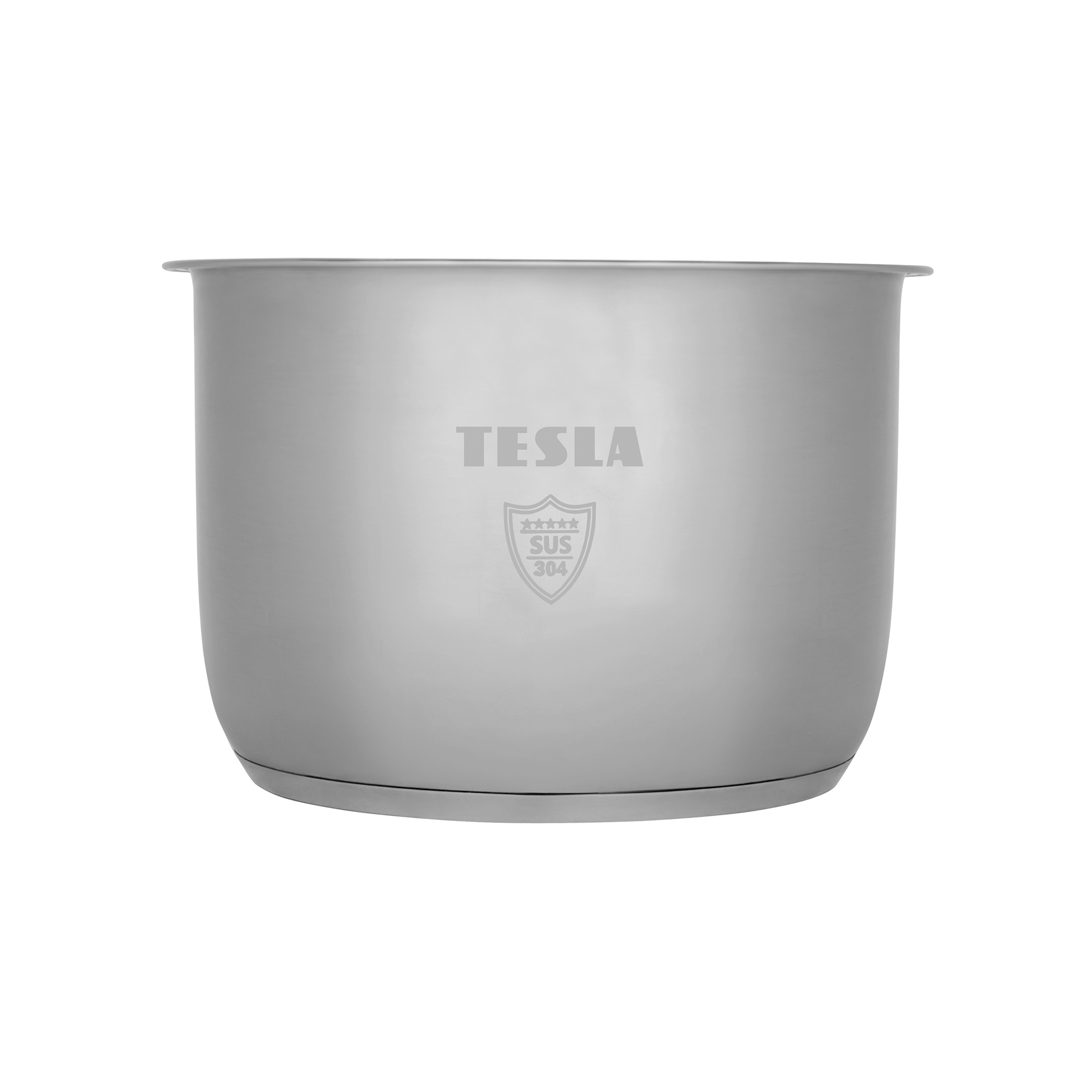 Una pentola in acciaio inossidabile con la scritta TESLA e un logo sul lato. Ha una forma arrotondata e si trova su sfondo bianco.