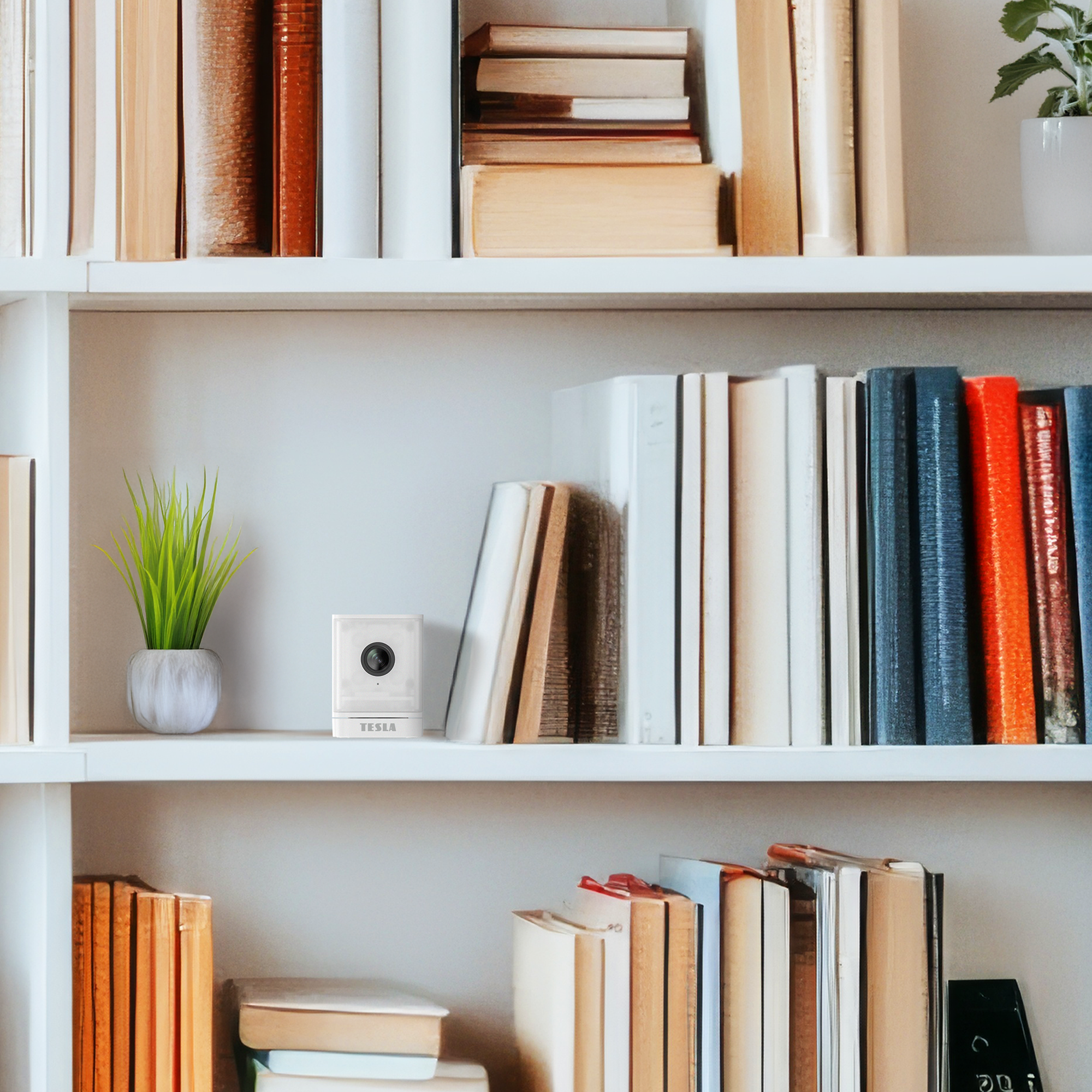 Una libreria bianca con libri di vari colori, una piccola pianta e una telecamera Tesla.