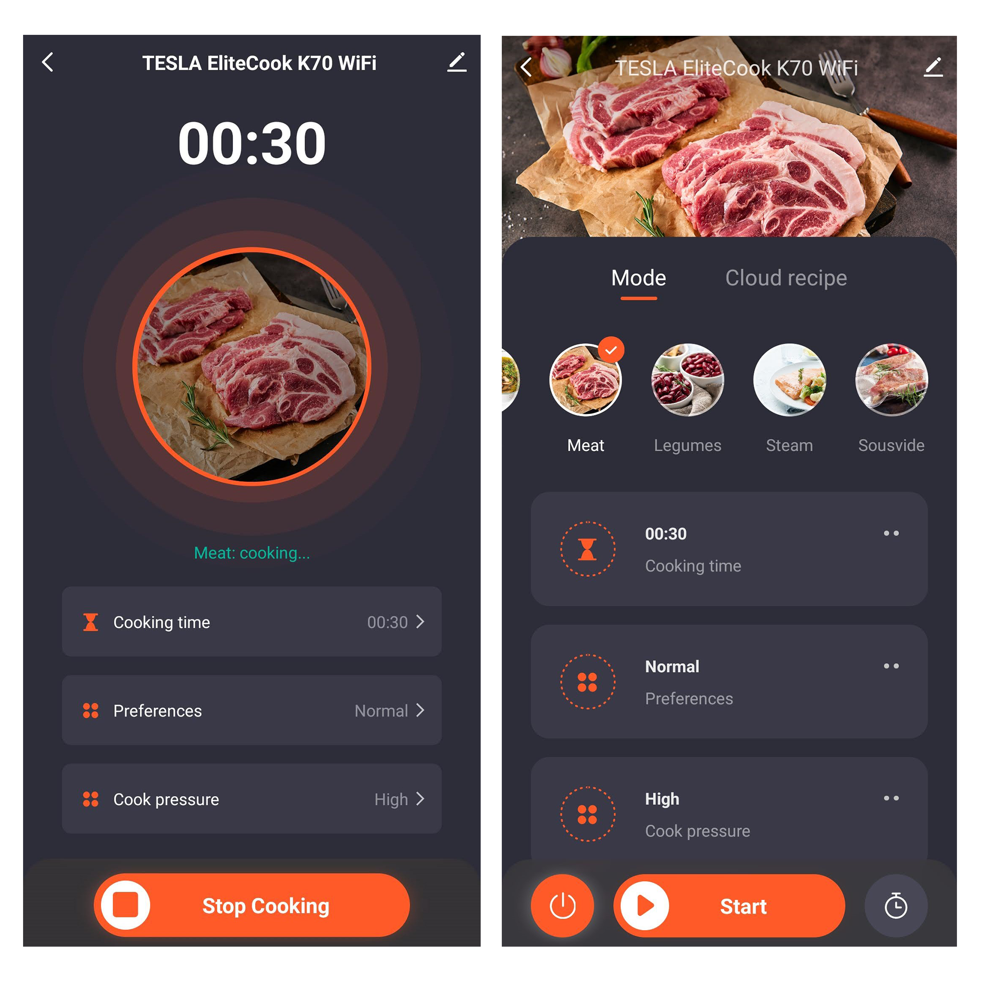 Interfaccia dell'app Tesla EliteCook. Mostra tempo di cottura 00:30, selezione carne e opzioni per avviare o fermare la cottura.