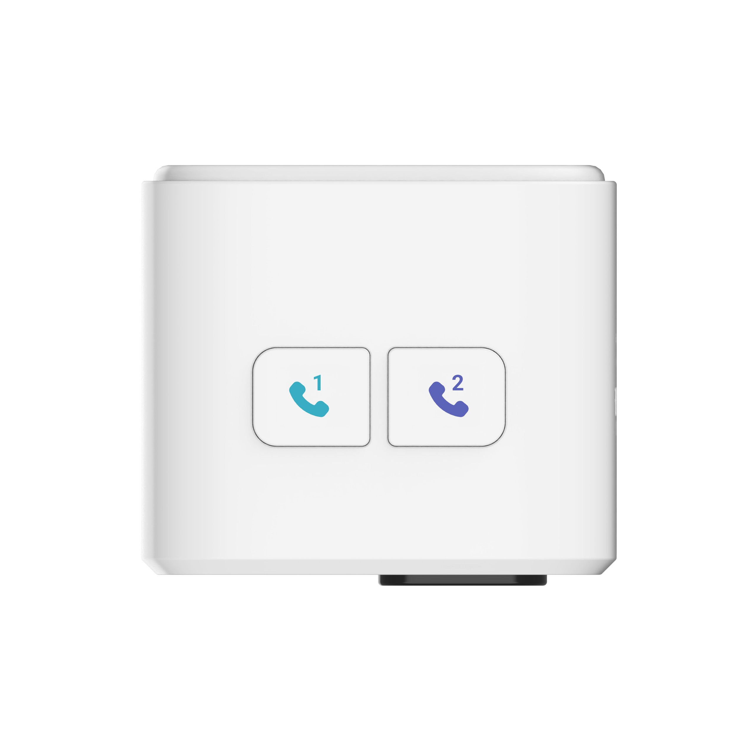 Un dispositivo bianco con due pulsanti. Ogni pulsante ha un'icona del telefono con i numeri 1 e 2 in blu e viola.