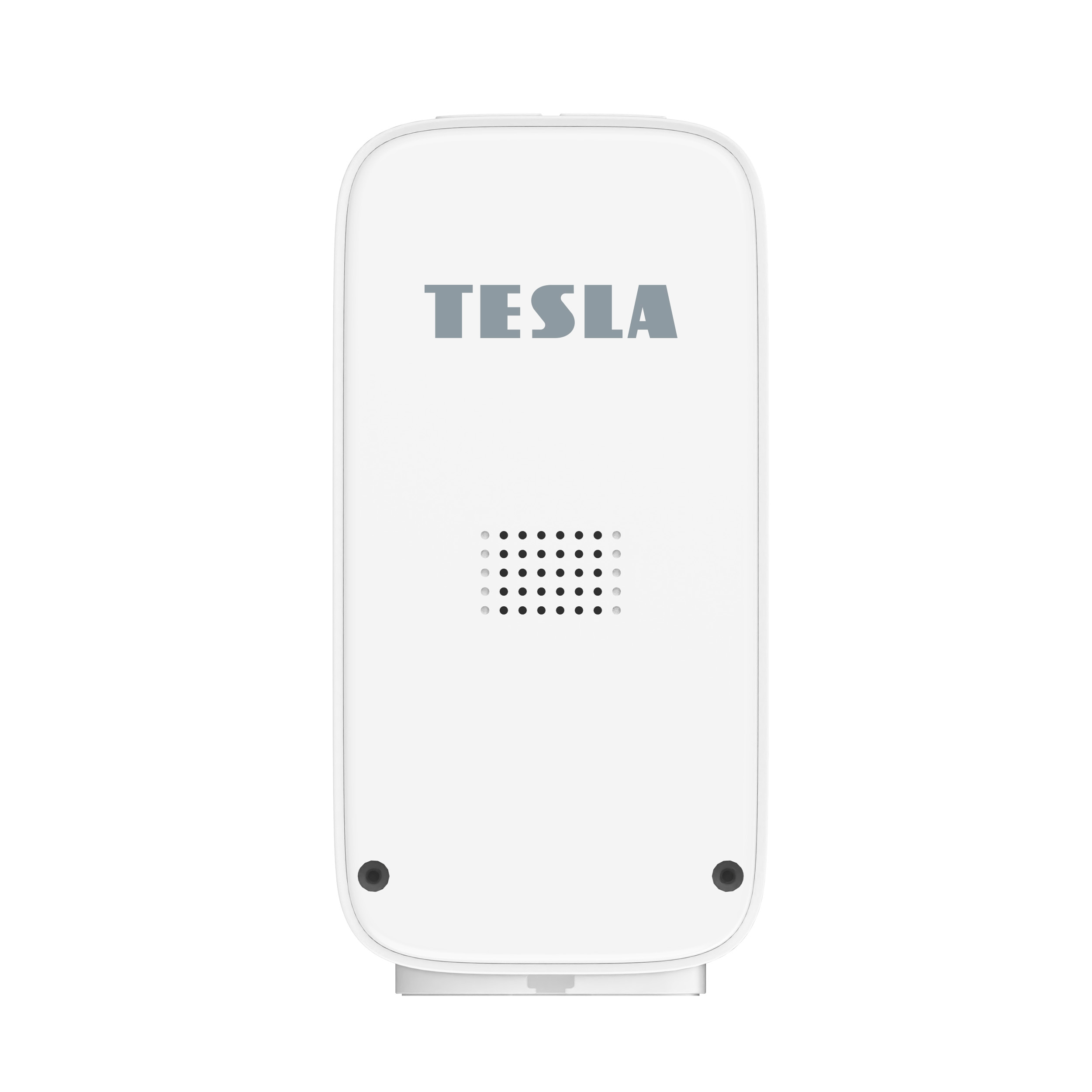 Dispositivo bianco con 'TESLA'. Ha un altoparlante e due punti scuri in basso.