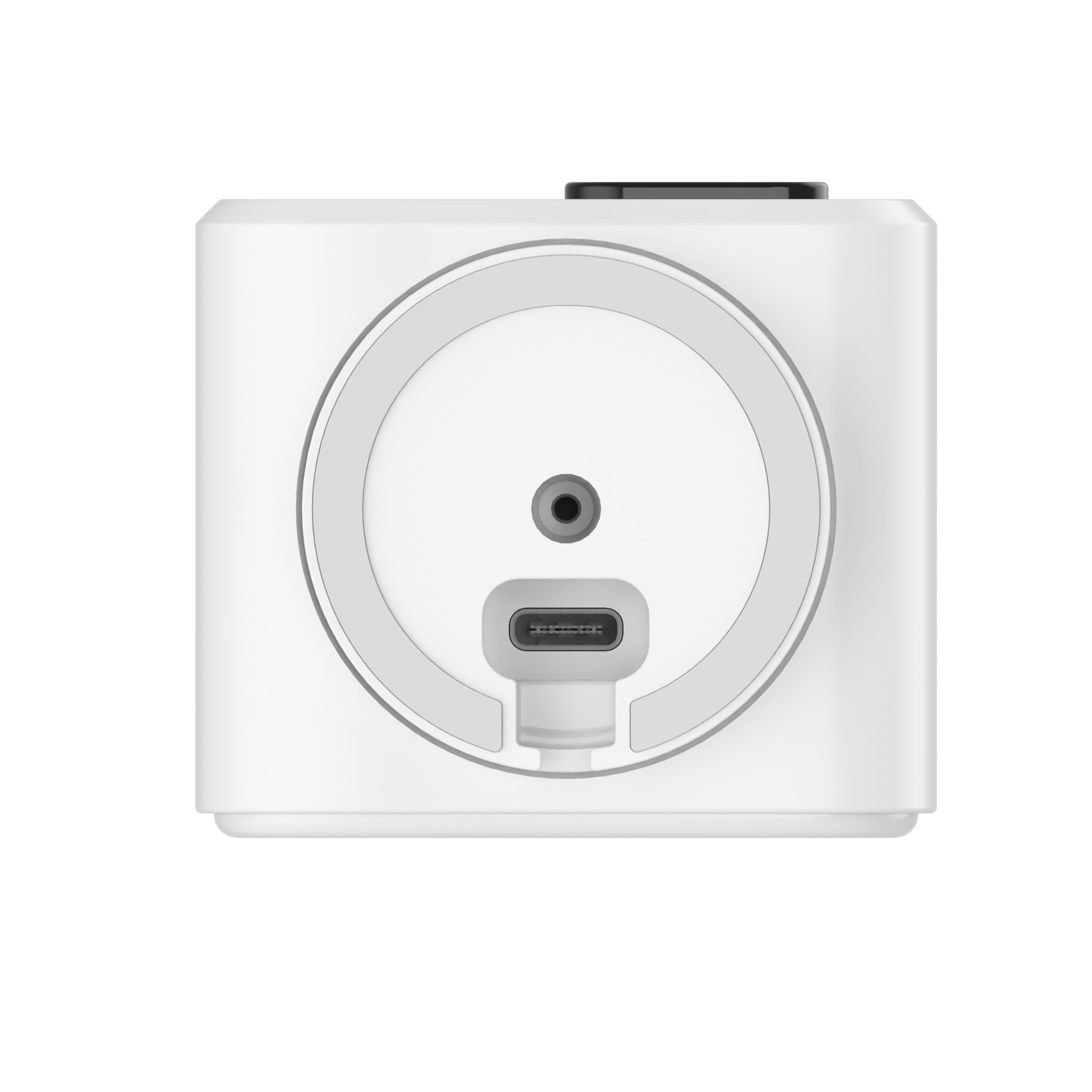 Un dispositivo quadrato bianco con un design circolare, una porta USB-C e un pulsante nero in alto.