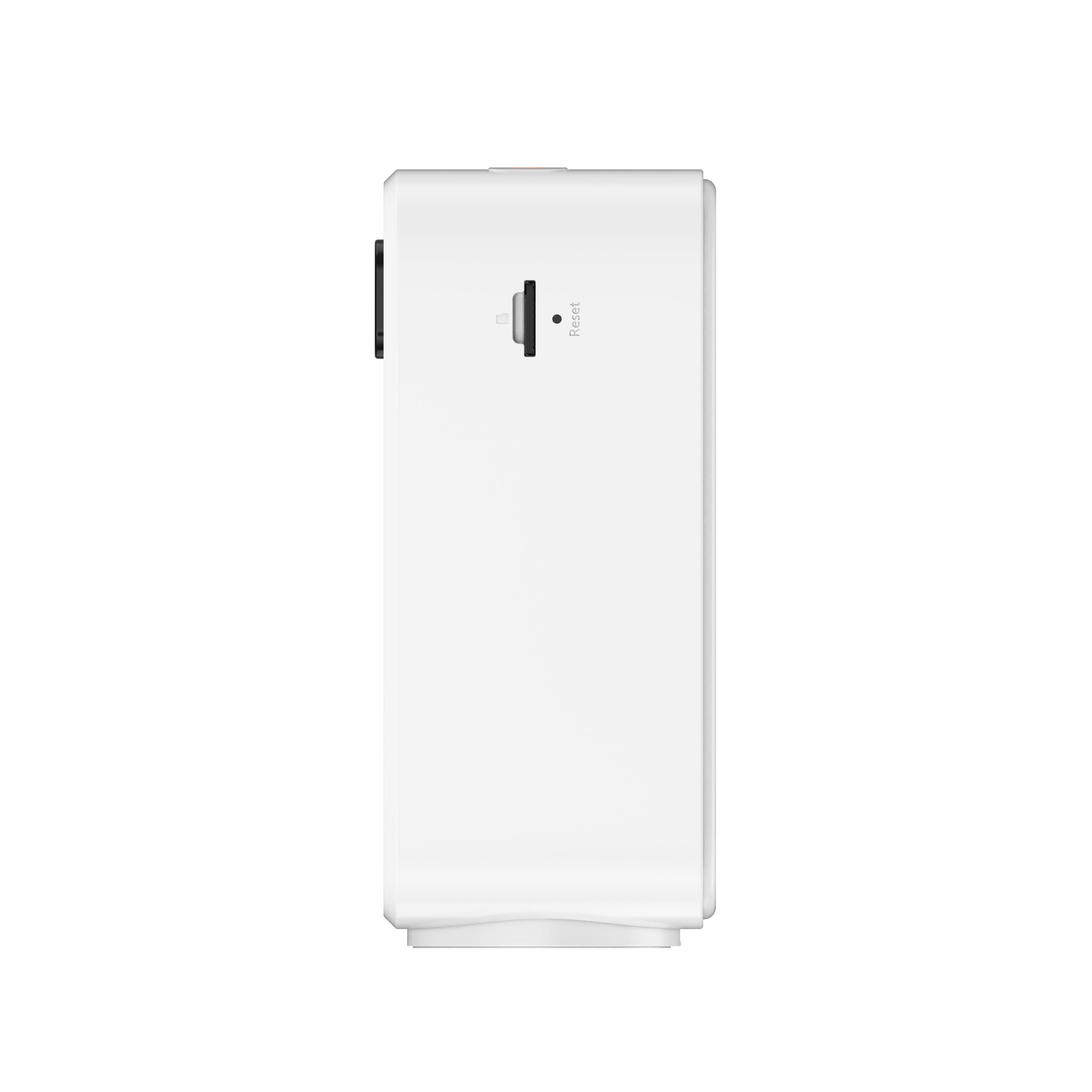 Un dispositivo elettronico rettangolare bianco con un pulsante di ripristino. Sul lato sinistro è visibile una fessura nera, con un pulsante.