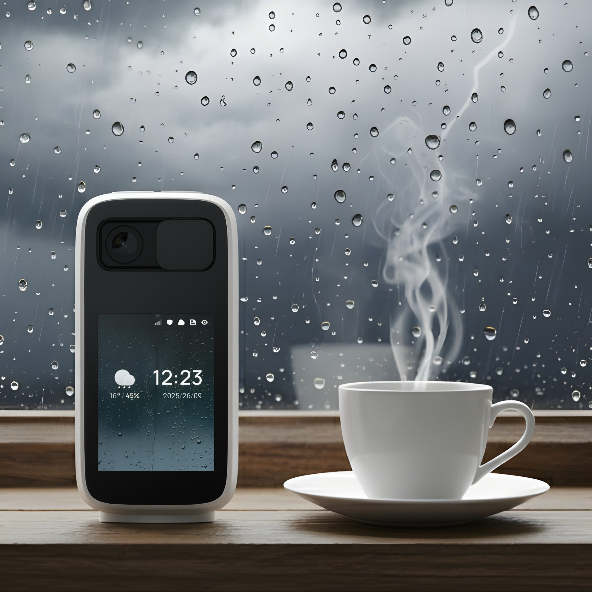 Un telefono e una tazza di caffè su una superficie di legno davanti a una finestra con gocce di pioggia.