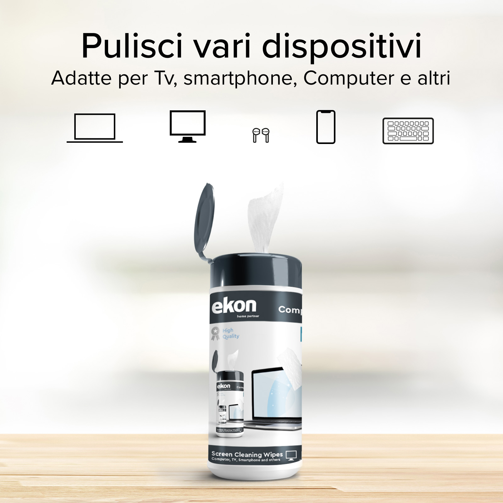 Un contenitore di salviette per la pulizia dello schermo su una superficie di legno. Testo e icone di dispositivi elettronici.