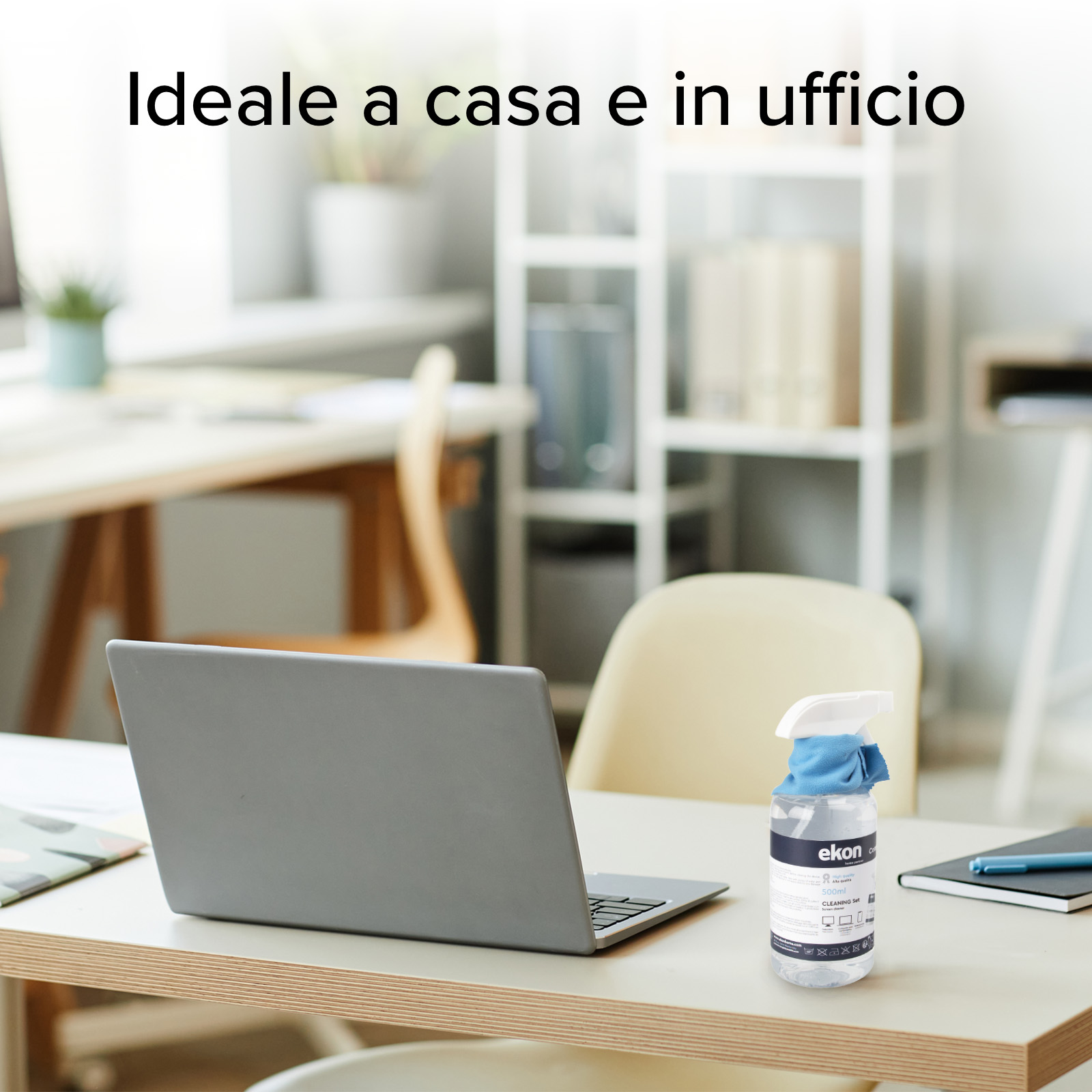 Un laptop su una scrivania con un kit di pulizia. La scena è in un ufficio con sfondo sfocato.