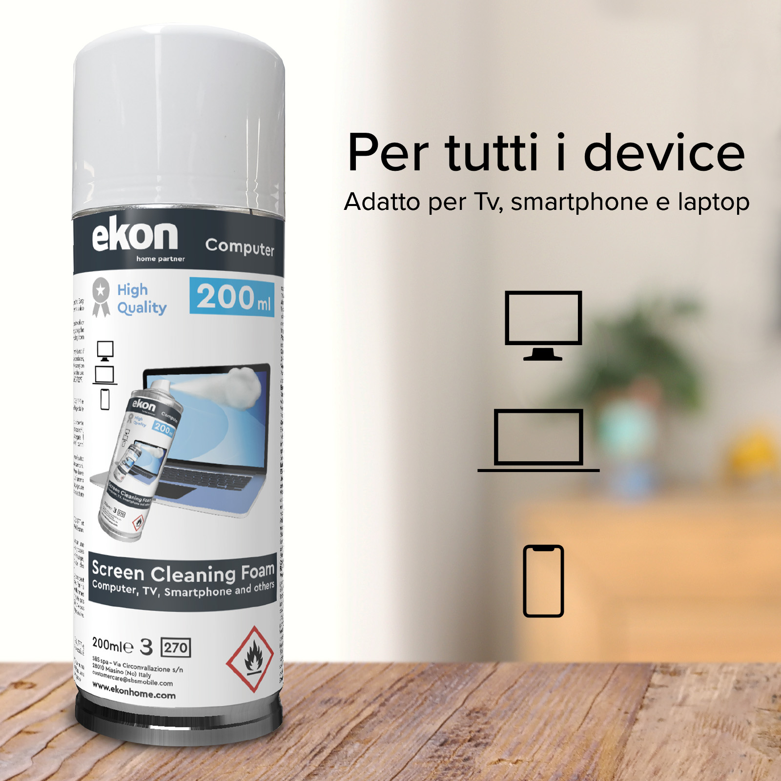 Una bomboletta di schiuma detergente per schermi. Testo: «Per tutti i device». Include disegni di TV, laptop e telefono.