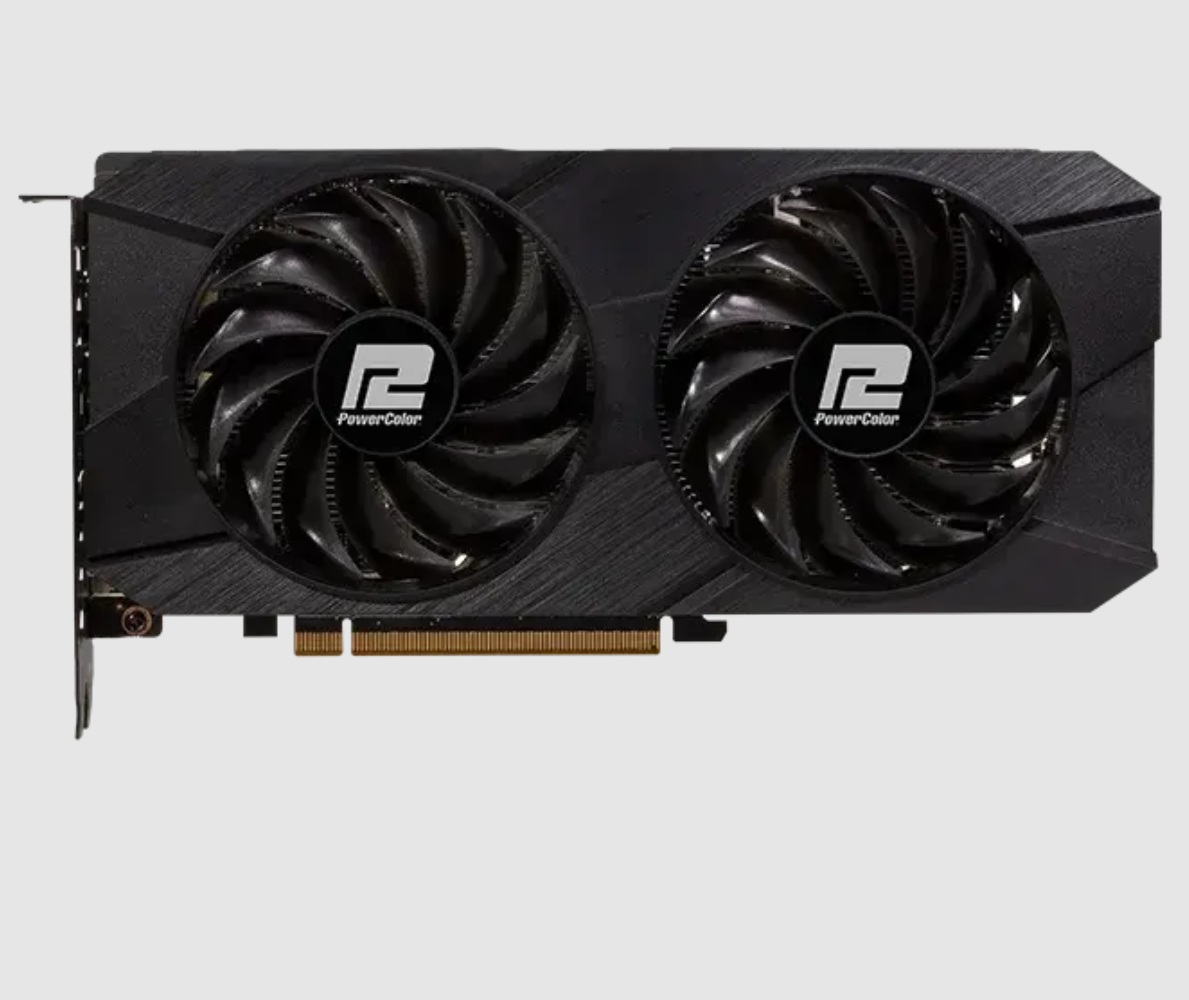 Czarna karta graficzna PowerColor z dwoma wentylatorami. Każdy wentylator ma logo PowerColor pośrodku. Tło jest gładkie.