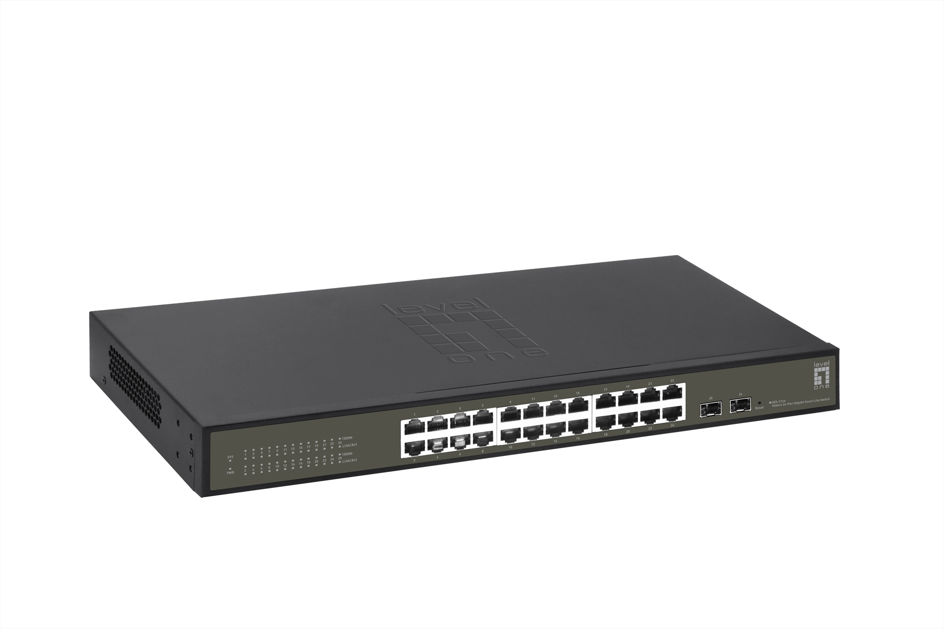 Uno switch Gigabit Smart Lite a 26 porte Level One grigio scuro, con porte, luci e il logo del marchio.