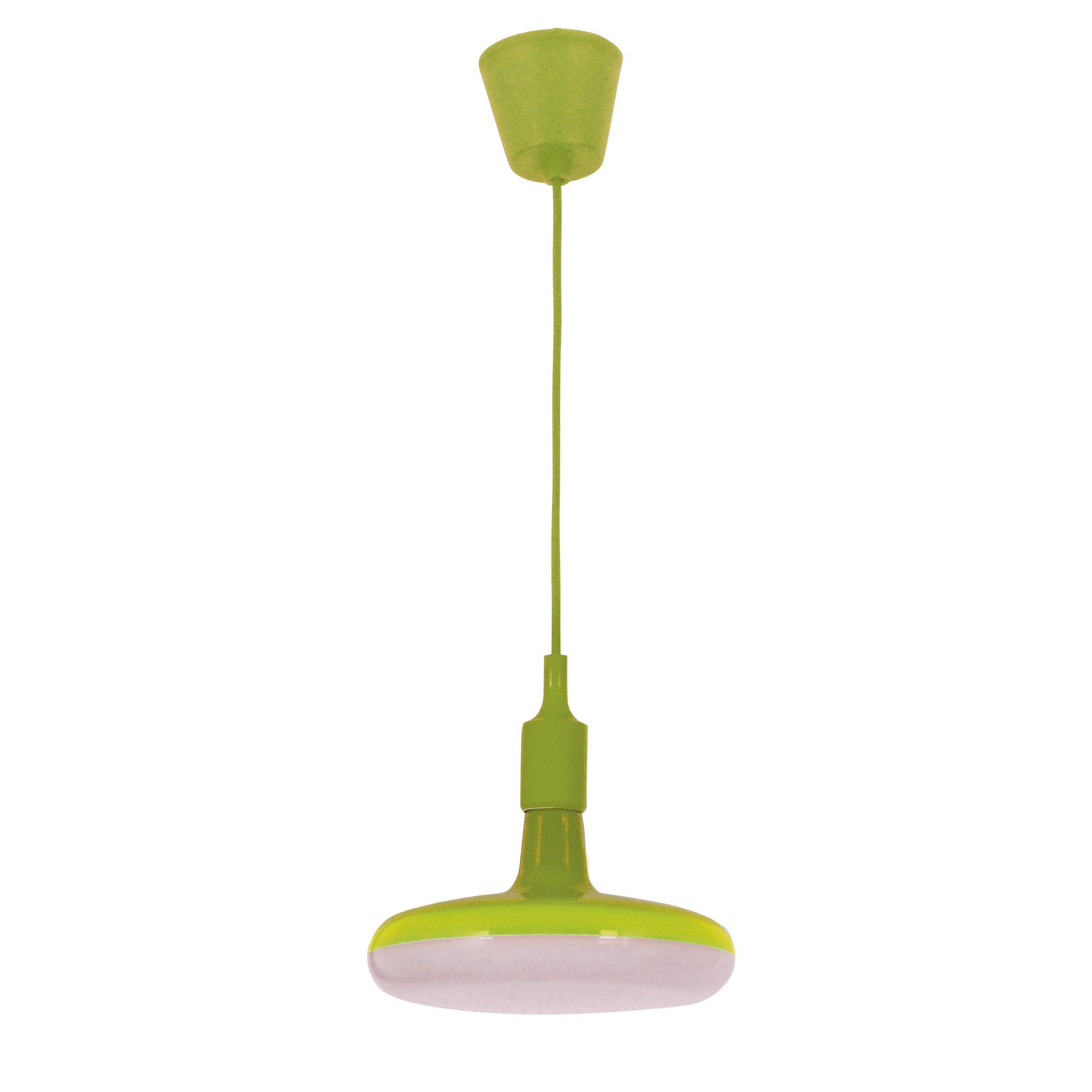 Eine grün-weiße Pendelleuchte hängt von der Decke. Es ist ein modernes Design mit rundem Schirm.