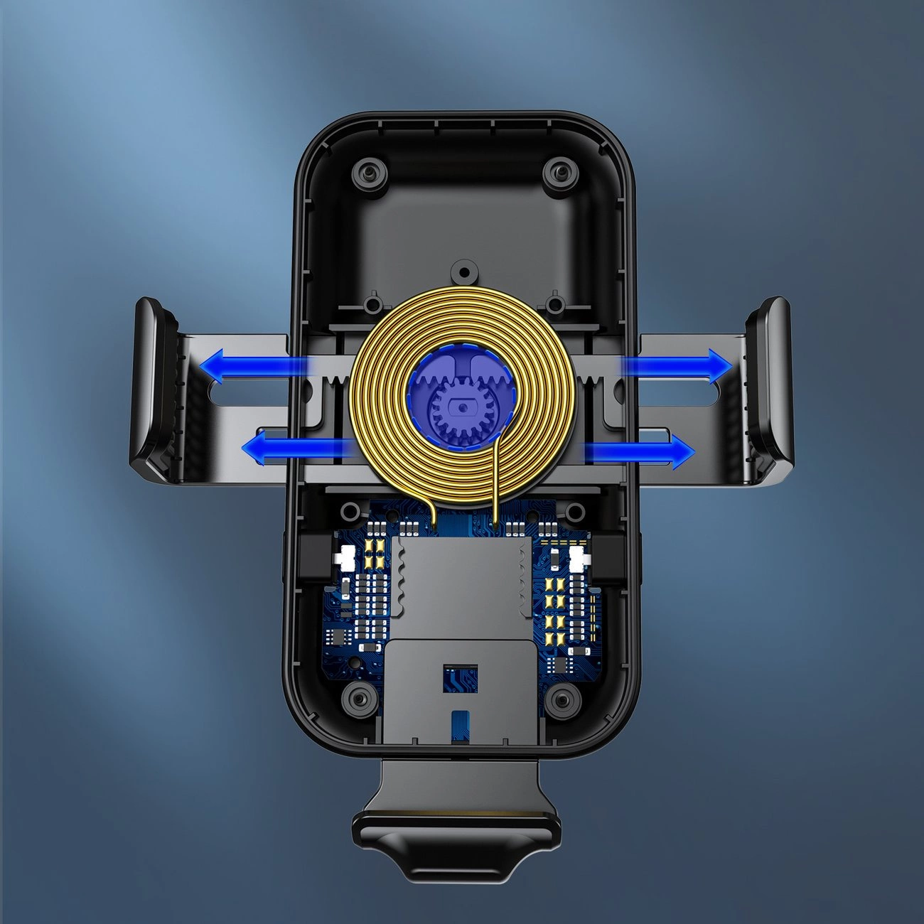 Schwarze Autotelefonhalterung mit sichtbaren Innenteilen. Goldene Spule, blaue Zahnräder und Details der Leiterplatte sind abgebildet. Blaue Pfeile zeigen die Bewegung an.