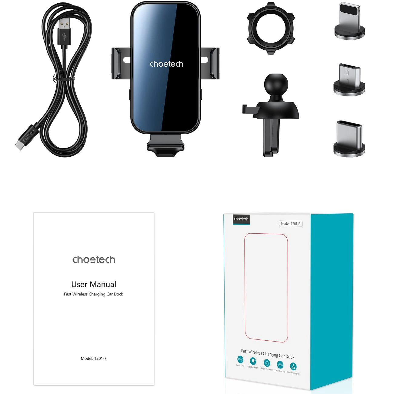 Eine Telefon-Ladestation, Kabel und verschiedene Steckertypen werden zusammen mit einer Bedienungsanleitung und einer Produktbox gezeigt.
