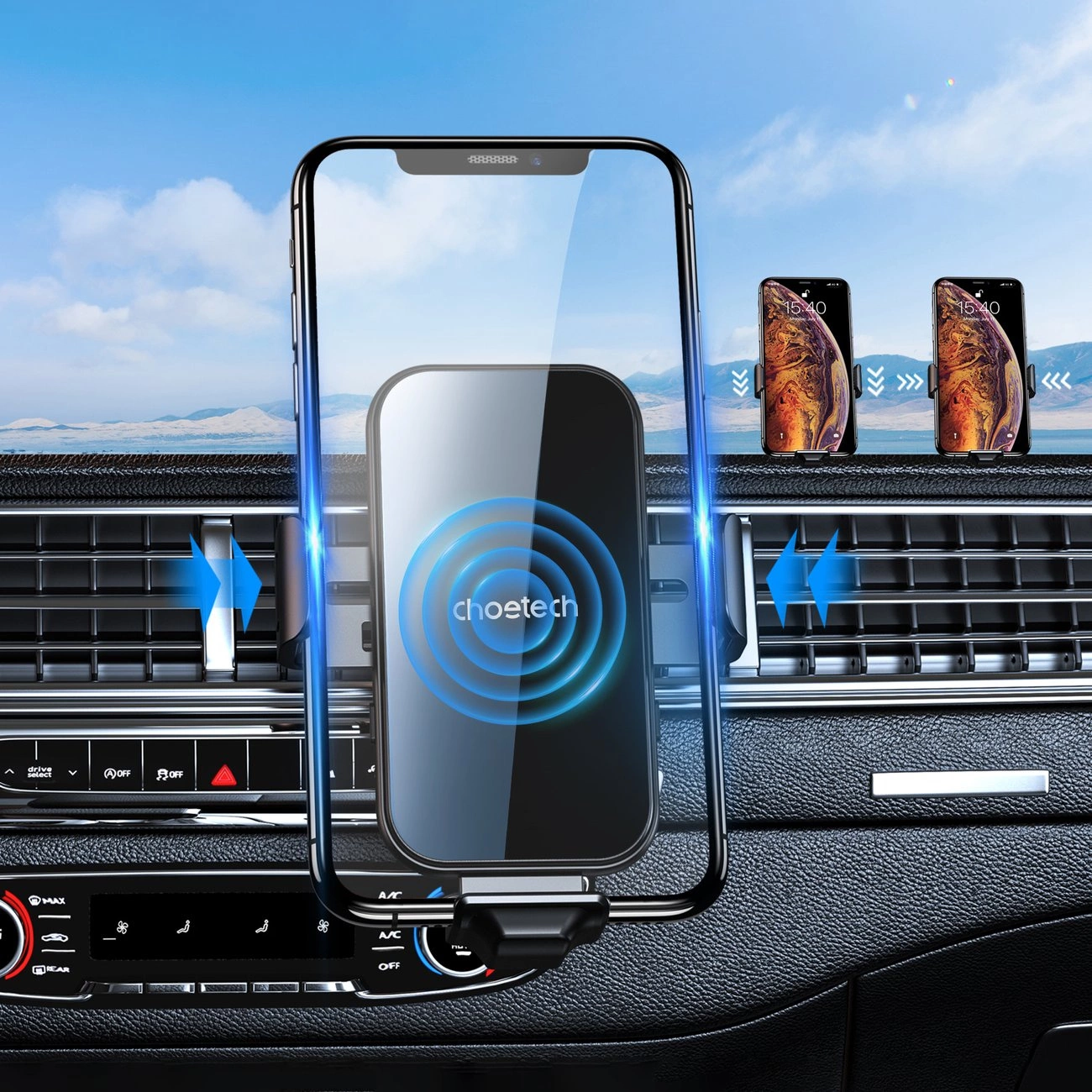 Handyhalterung im Auto mit Telefon, weitere Telefone rechts, Hintergrund mit Bergen und Himmel.