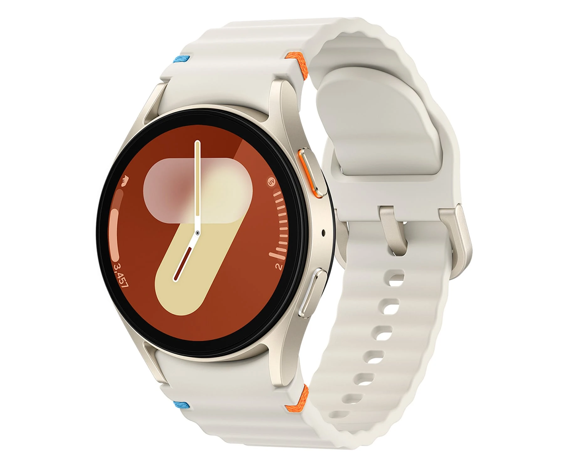 Biały smartwatch z okrągłą tarczą i białym paskiem. Tarcza pokazuje zegar. Widoczne są pomarańczowe i niebieskie akcenty.