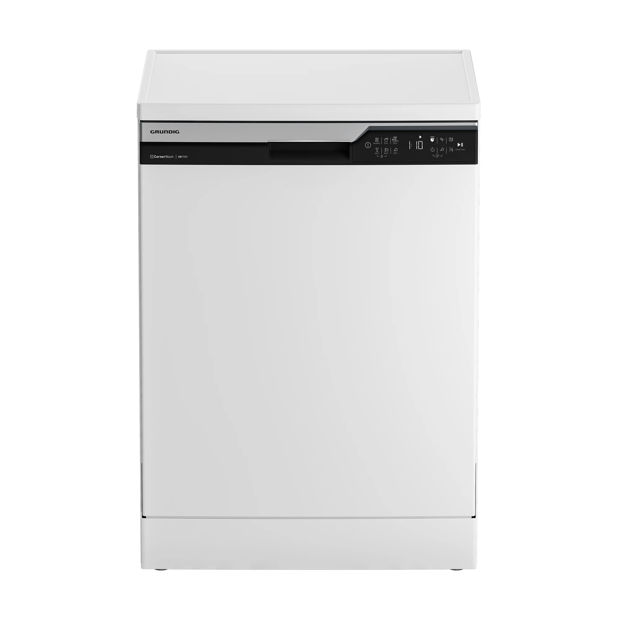 Un lavavajillas Grundig blanco. Tiene un panel de control con iconos y una pantalla digital. La marca es visible.