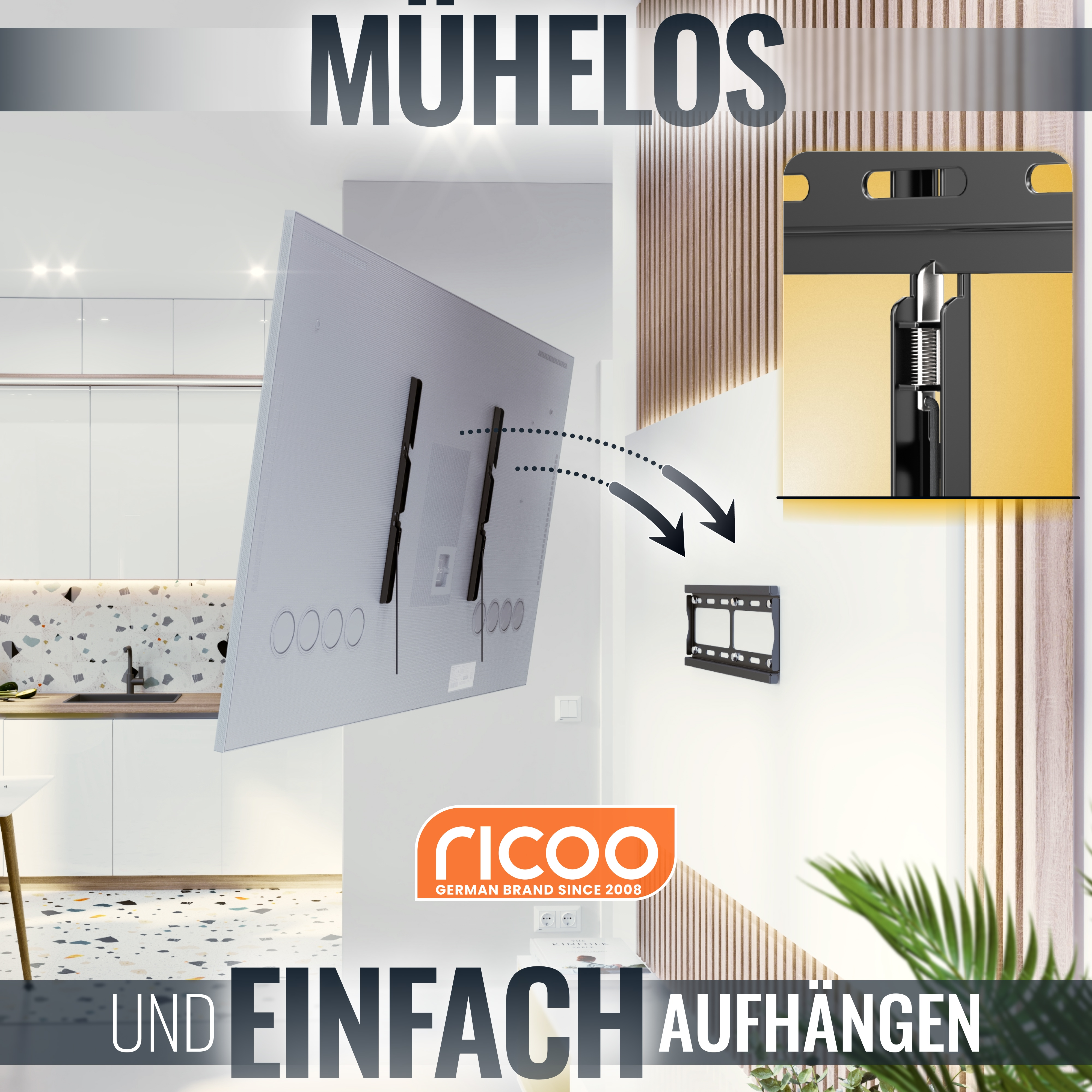 Fernseher an der Wand mit Montagehardware, Pfeile zeigen die Installation. Text sagt 'Mühelos und einfach aufhängen'.