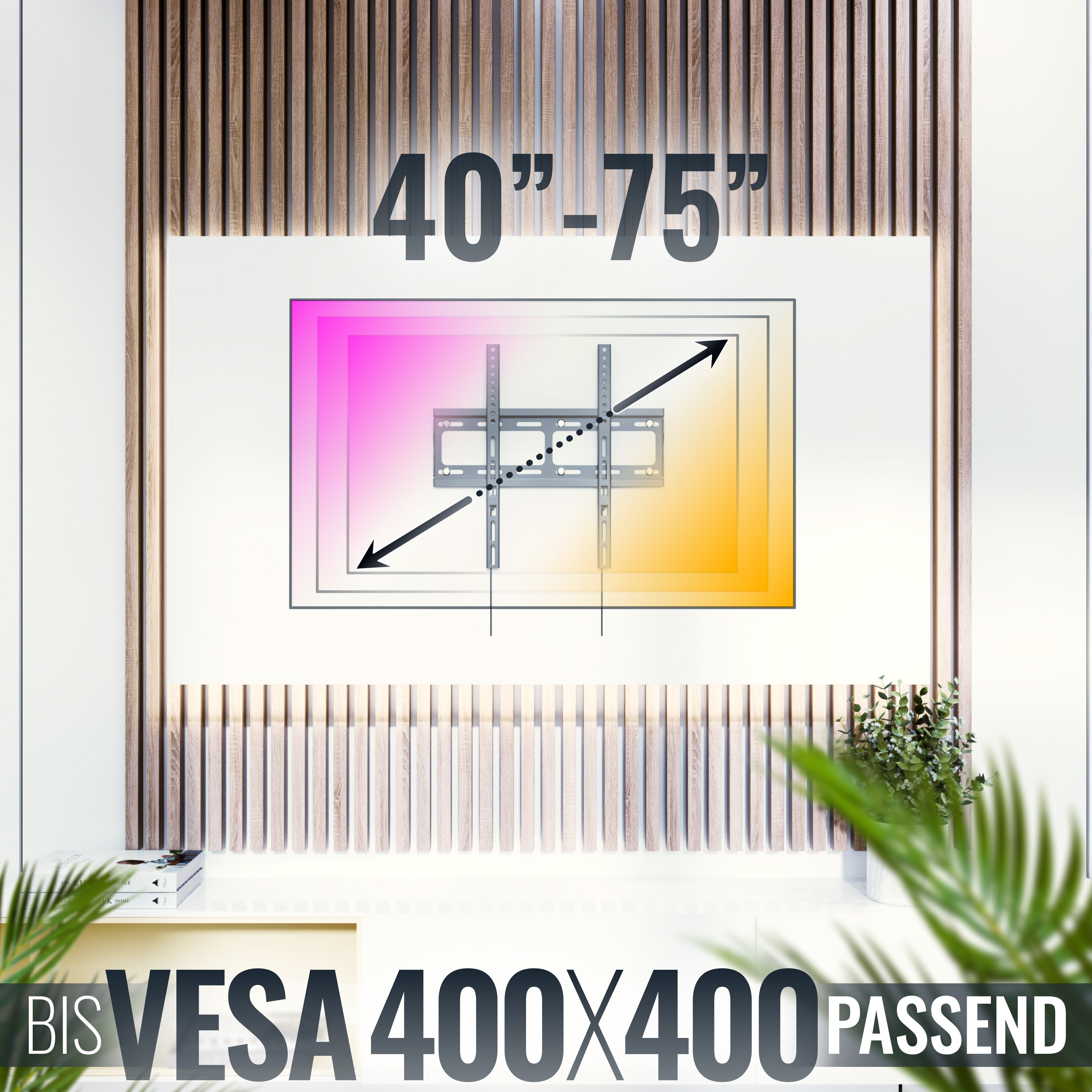 Eine Grafik zur TV-Halterung. Sie zeigt eine TV-Halterung, geeignet für 40-75 Zoll TVs, VESA 400x400. Holzvertäfelung im Hintergrund.