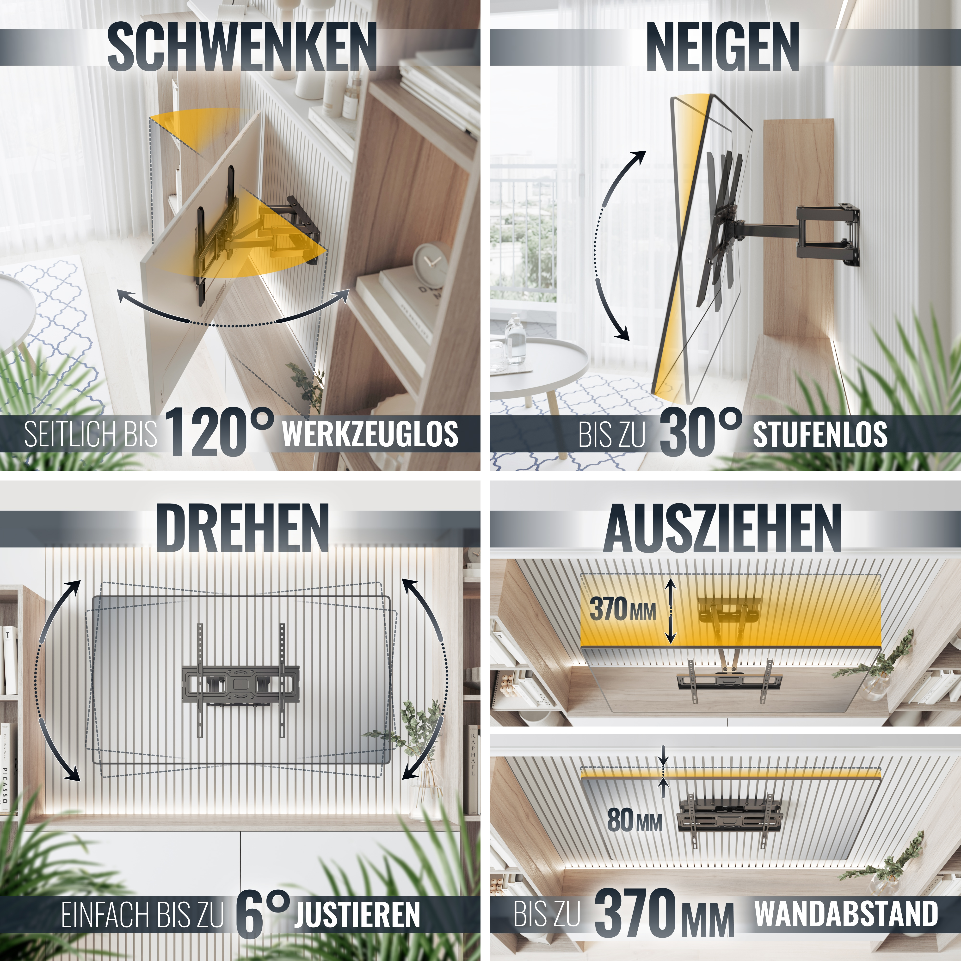 Das Bild zeigt TV-Montageoptionen: Schwenken bis zu 120°, Neigen bis zu 30°, Drehen bis zu 6° und Ausziehen bis zu 370 mm.