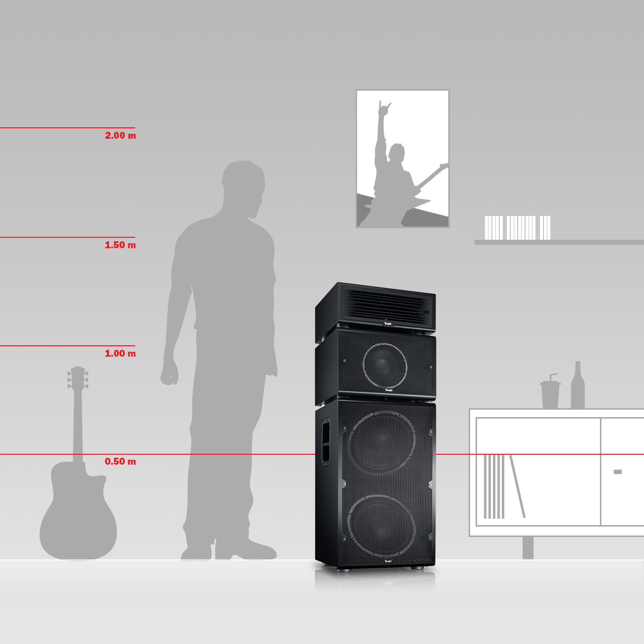 Akustikgitarre, menschliche Silhouette, Soundsystem und ein Poster eines Gitarristen sind sichtbar. Rechts ein Schrank mit Getränken.