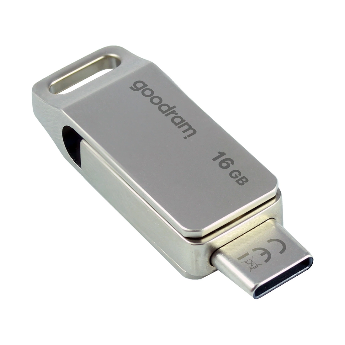 Srebrny pendrive Goodram z złączem Type-C. Posiada pętlę do mocowania i jest oznaczony jako '16 GB'.