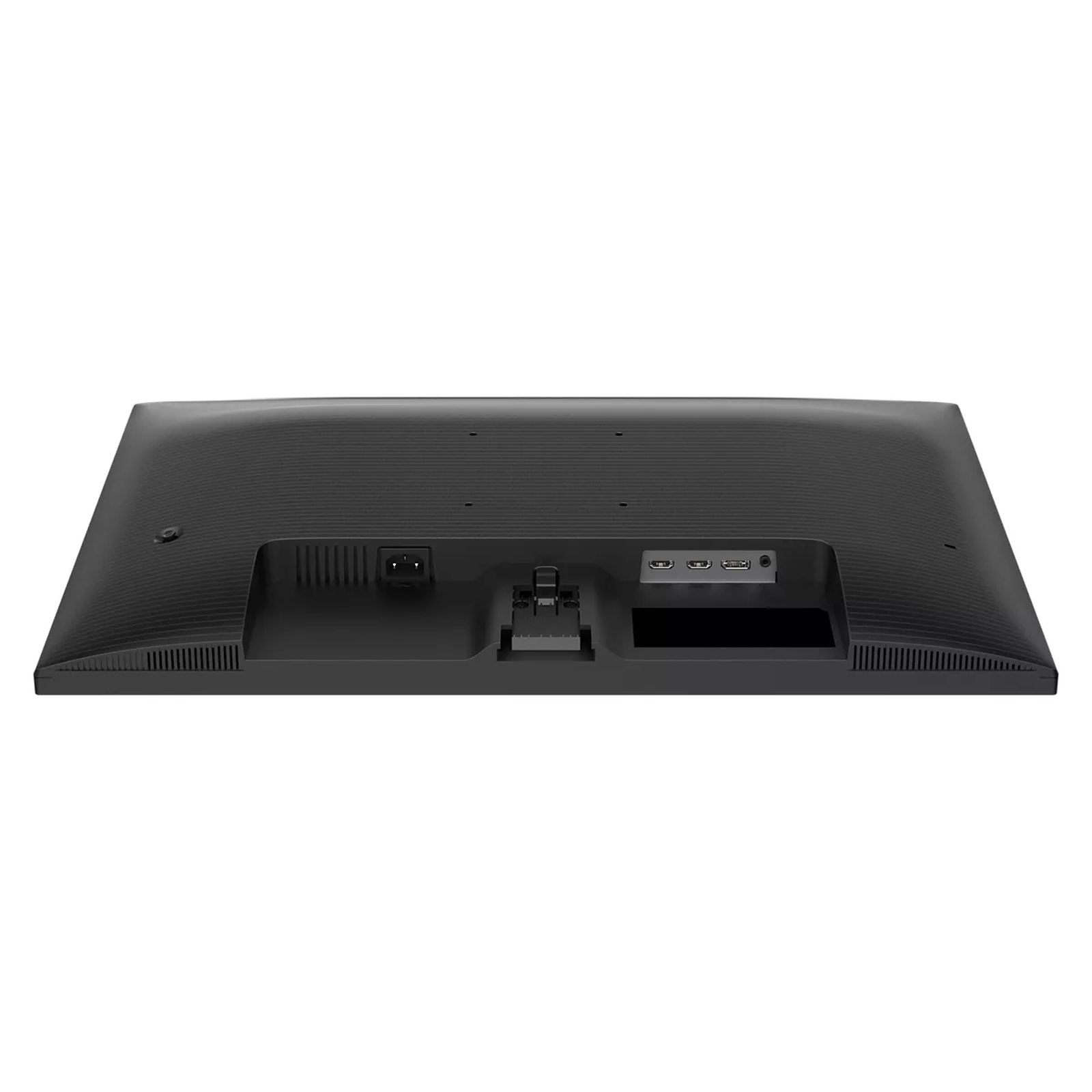 Widok z tyłu czarnego monitora komputera. Ma porty, otwory wentylacyjne i połączenie zasilania. Tło jest białe.