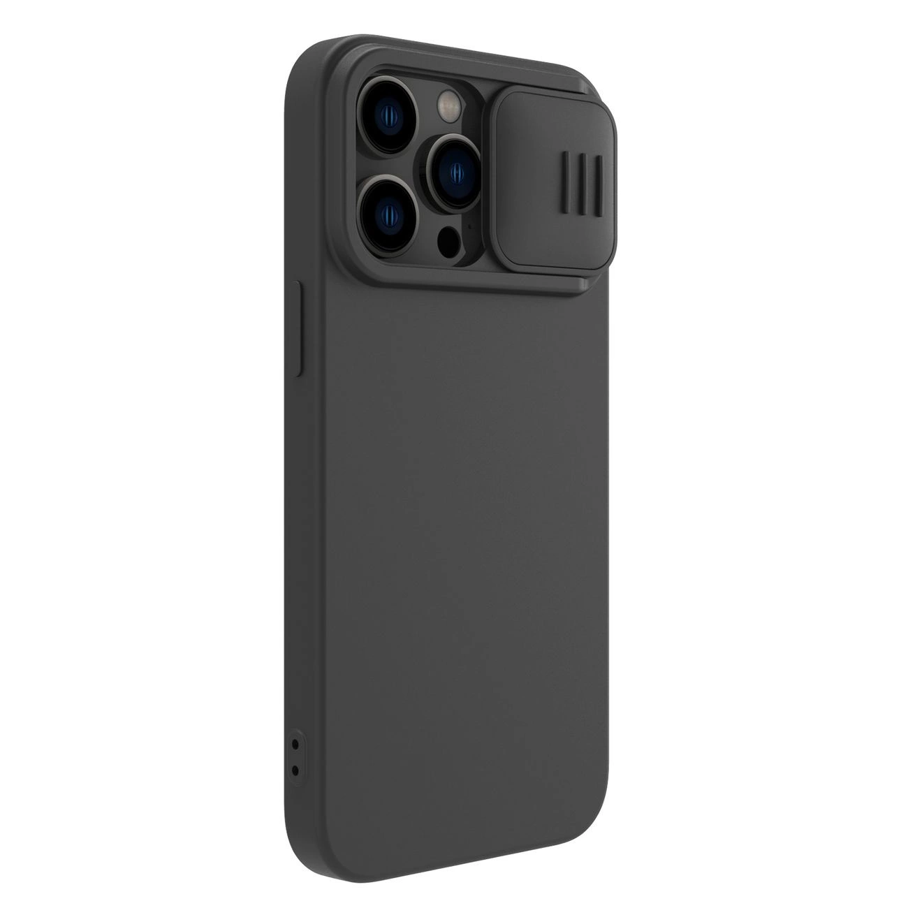 Una custodia per telefono grigio scuro con un modulo fotocamera con tre lenti e una copertura scorrevole. La custodia ha una finitura opaca liscia.