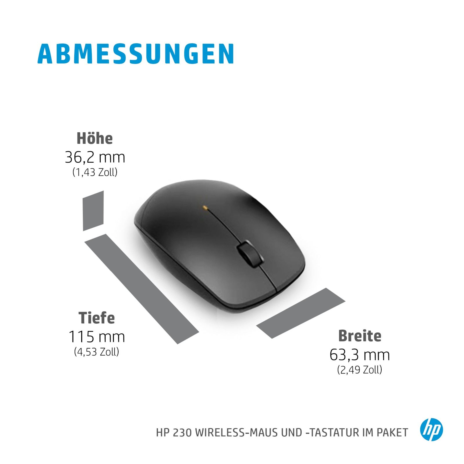 Das Bild zeigt eine schwarze Maus mit abgebildeten Abmessungen. Der Text ist auf Deutsch. Das Markenlogo ist sichtbar.