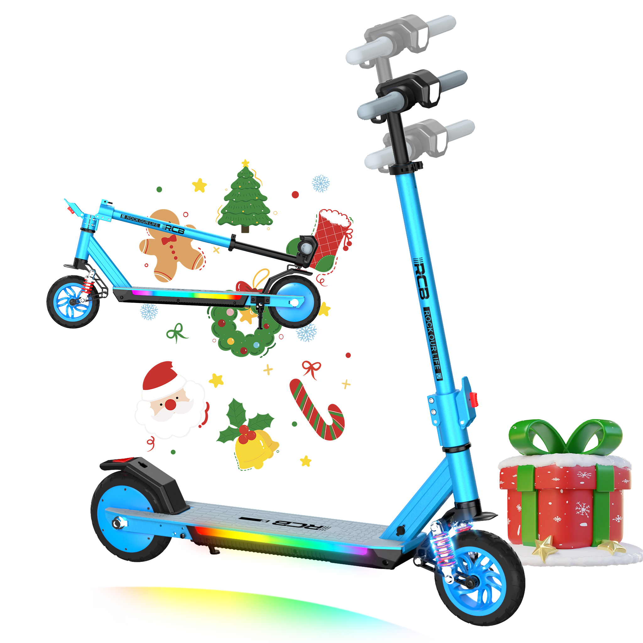 Blauer Roller mit Weihnachtsdekorationen und einer Geschenkbox. Im Bild sind ein Lebkuchenmann und der Weihnachtsmann.