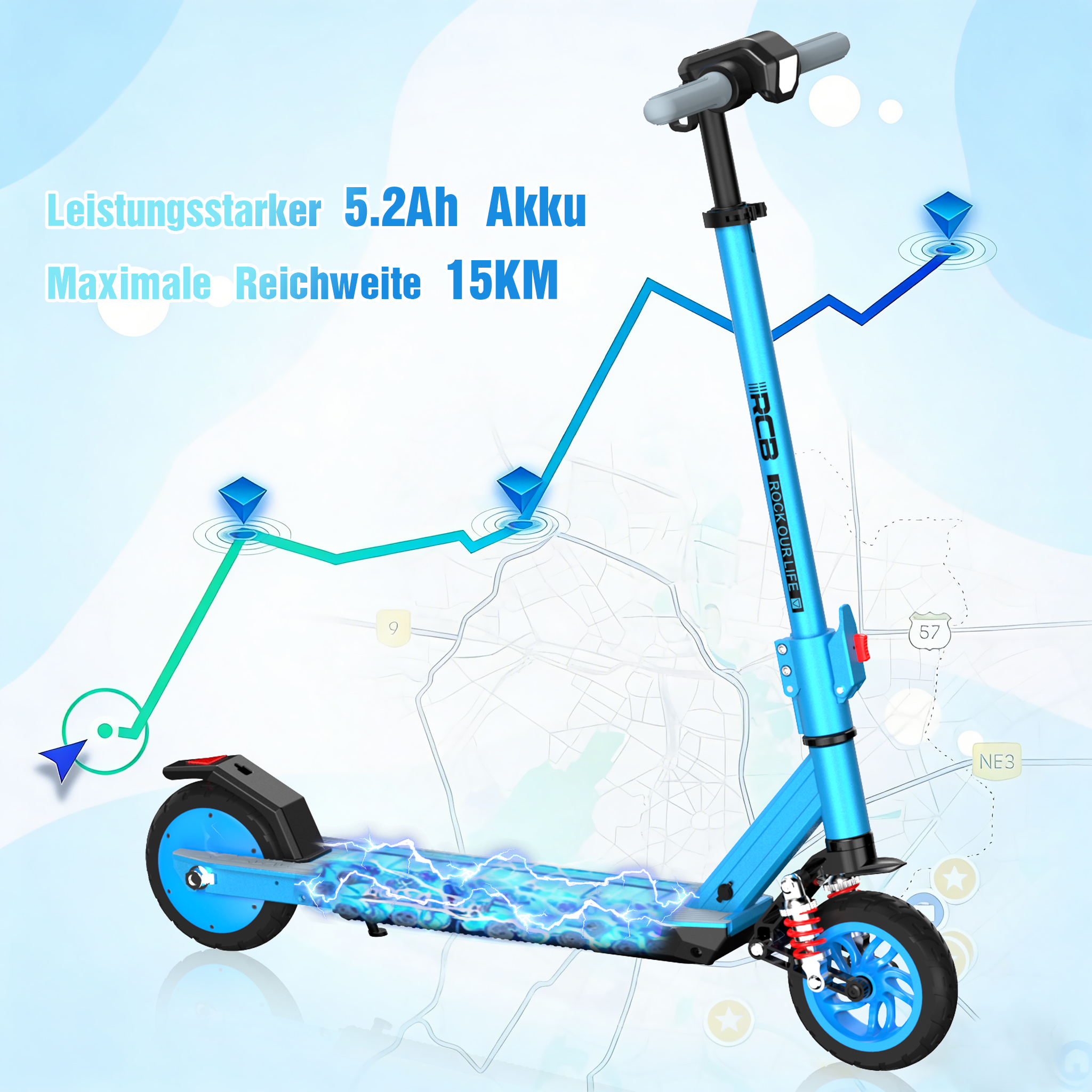 Ein blauer Elektroroller mit Kartenhintergrund. Texte erwähnen Batterie und Reichweite.